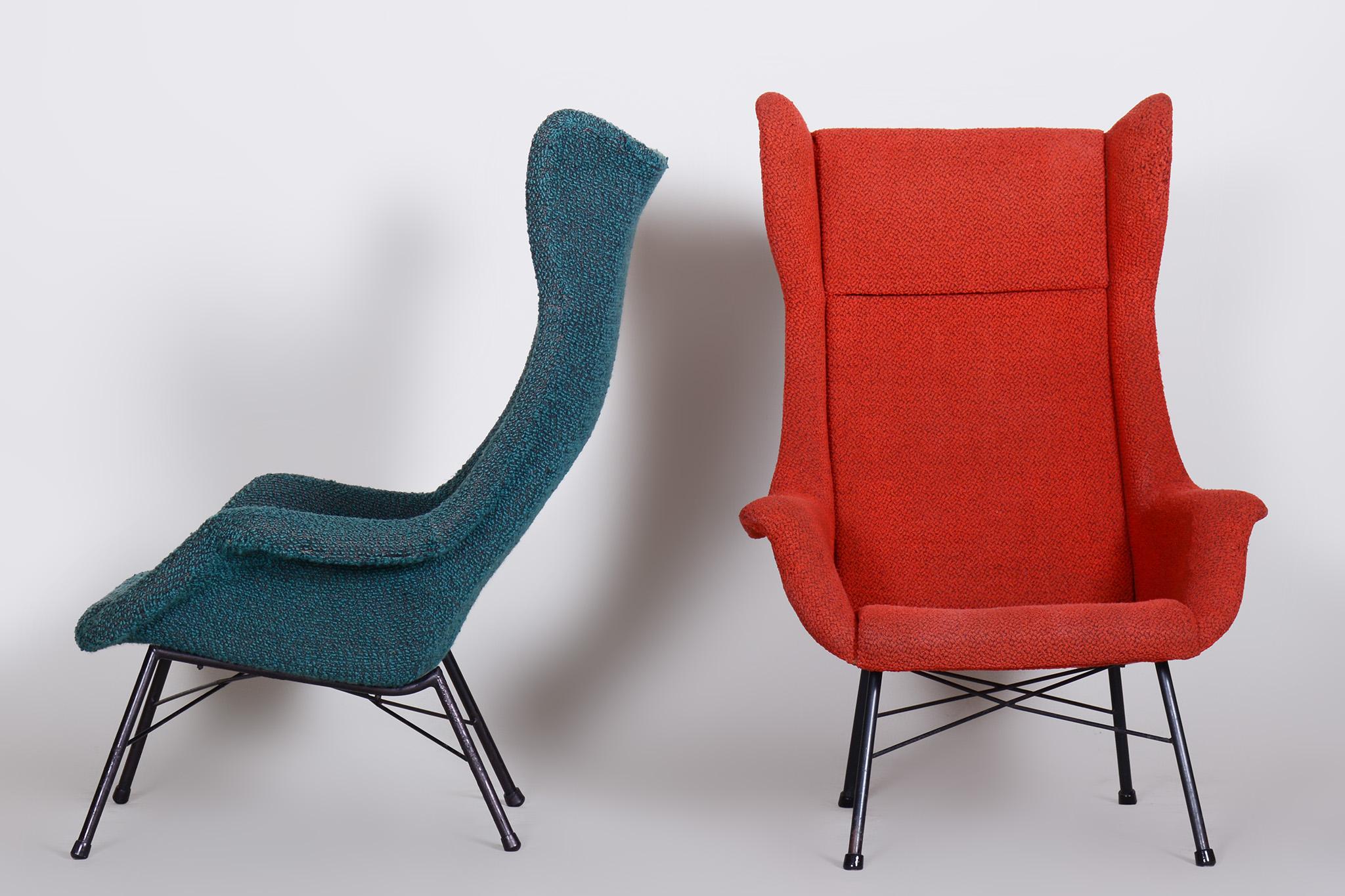 Blue and Red Mid century modern armchairs, made in 1950s Czechia.

Original well preserved condition.
Stable tubular construction.
Professionally cleaned original fabric.

Made by Miroslav Navratil