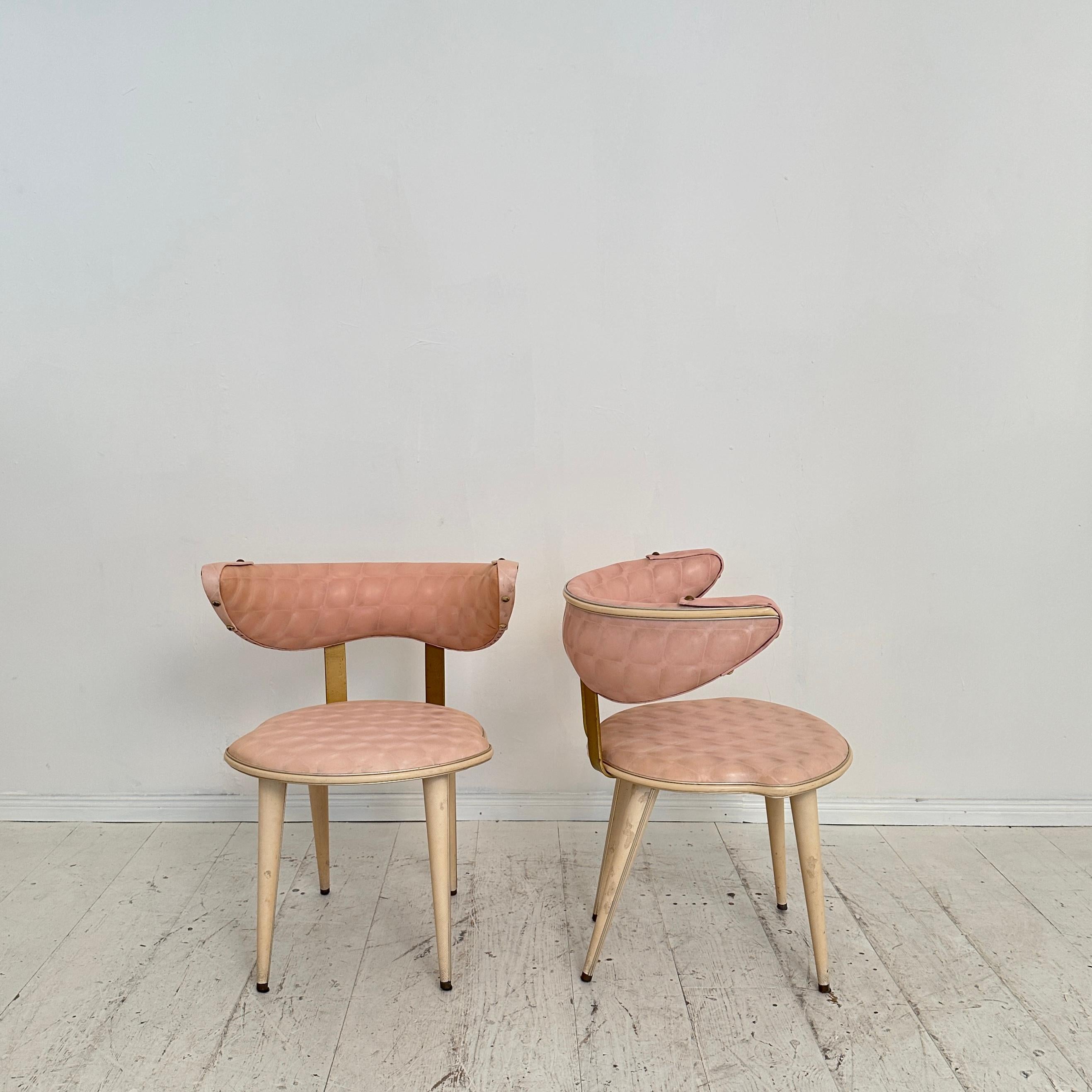 Faux Leather Pair of Mid Century Armchairs by Umberto Mascagni, light pink and white, 1954 For Sale
