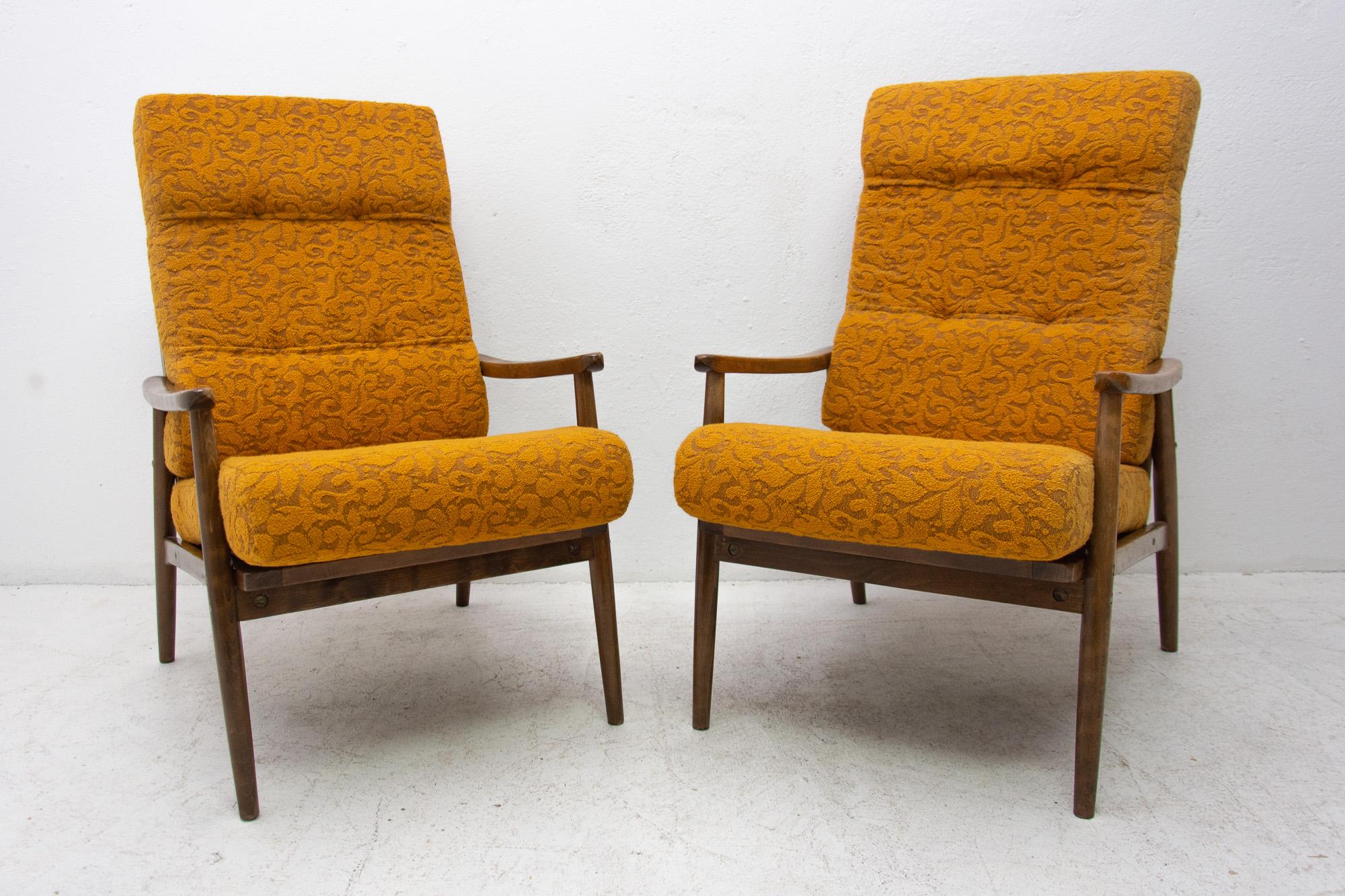A pair of midcentury armchairs, made in the former Czechoslovakia in the 1960s. The chairs were produced probably by TON Bystrice pod Hostýnem company (Thonet successor in Czechoslovakia) The structure is made of beech wood and the chairs has