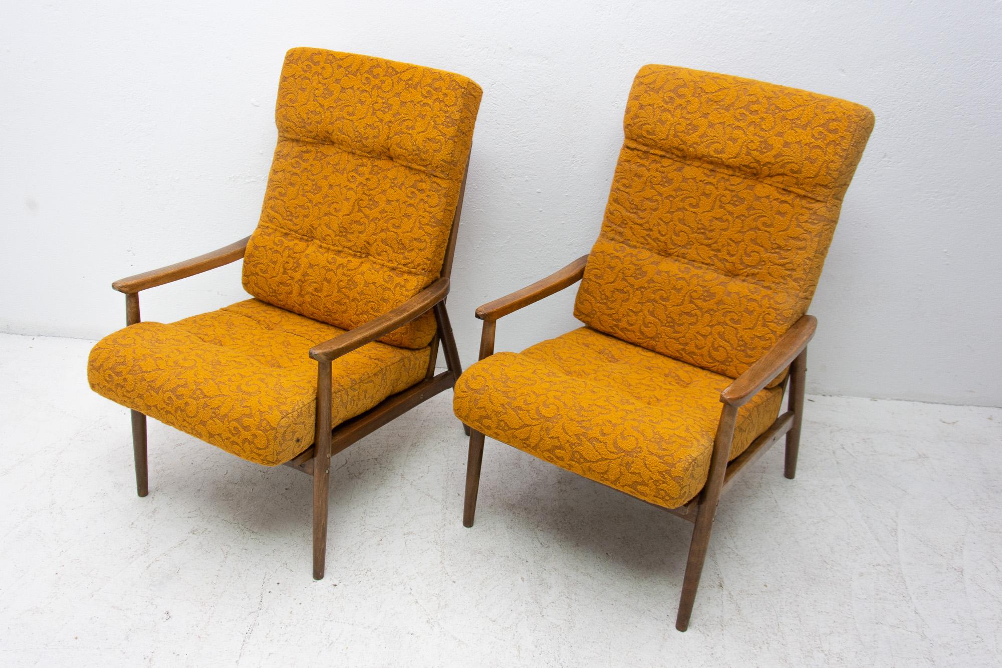 Fabric Pair of Midcentury Armchairs, Czechoslovakia, 1960s