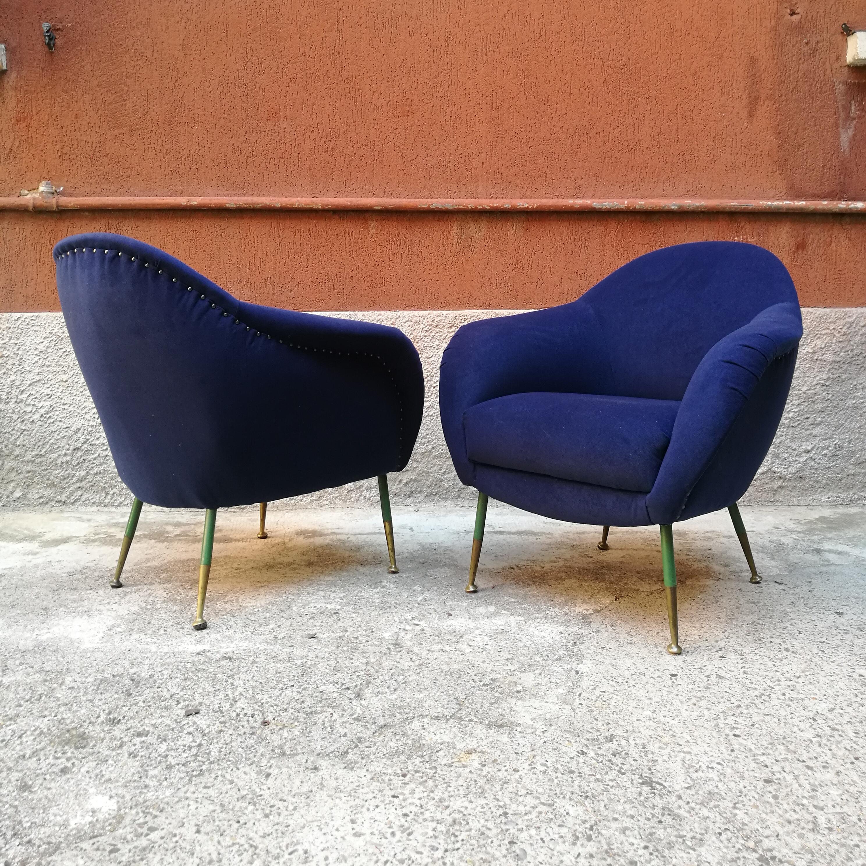 Mid-20th Century Pair of Midcentury Armchairs in Fabric Blu with Green Legs and Brass, 1960
