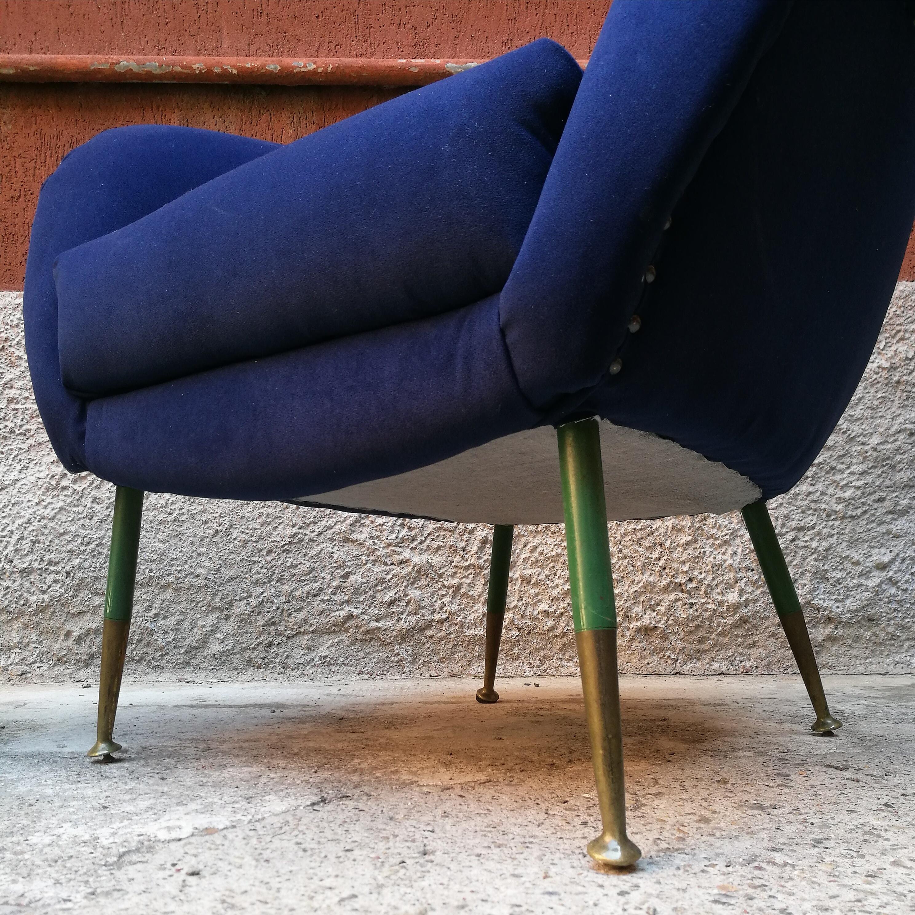 Pair of Midcentury Armchairs in Fabric Blu with Green Legs and Brass, 1960 1