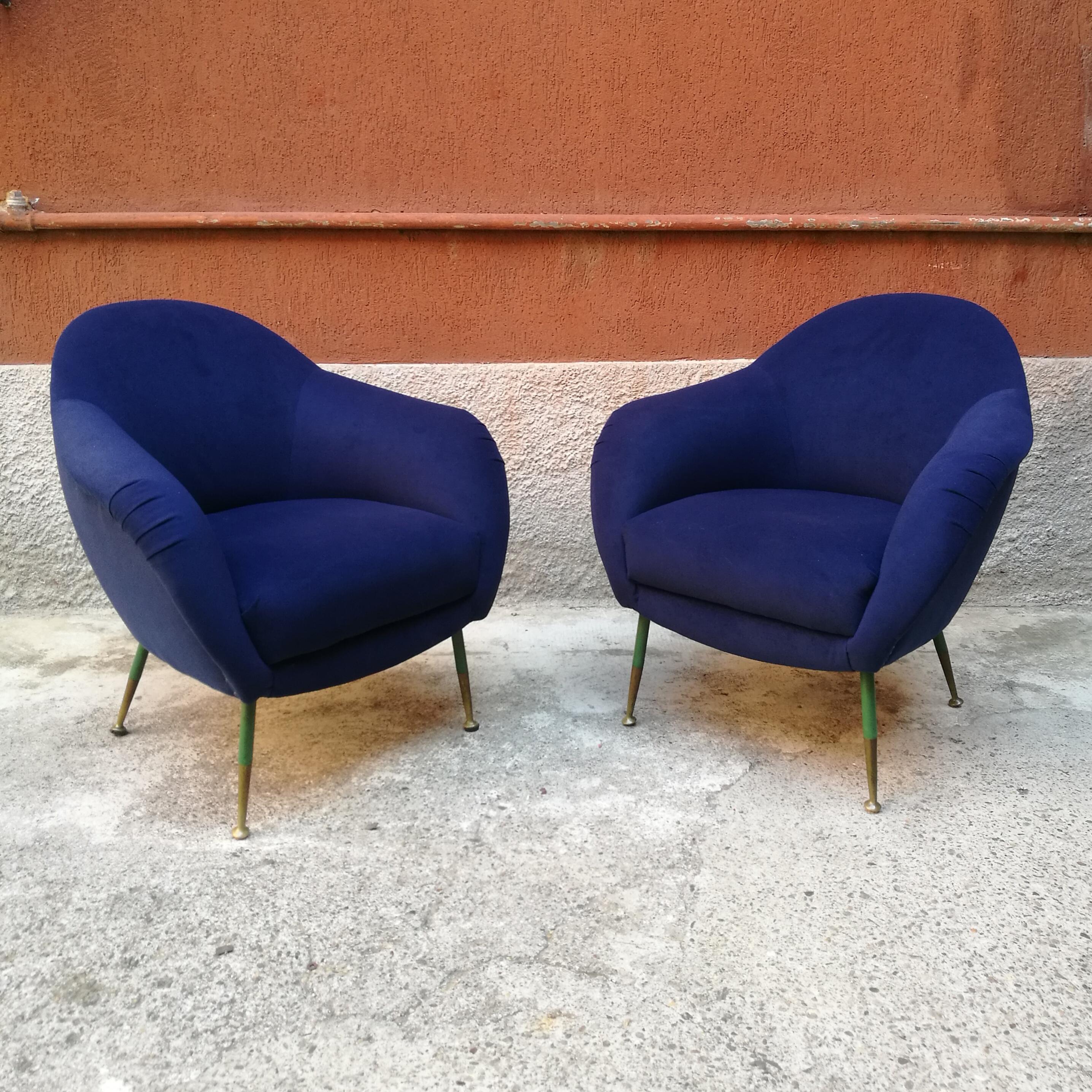 Pair of Midcentury Armchairs in Fabric Blu with Green Legs and Brass, 1960 2