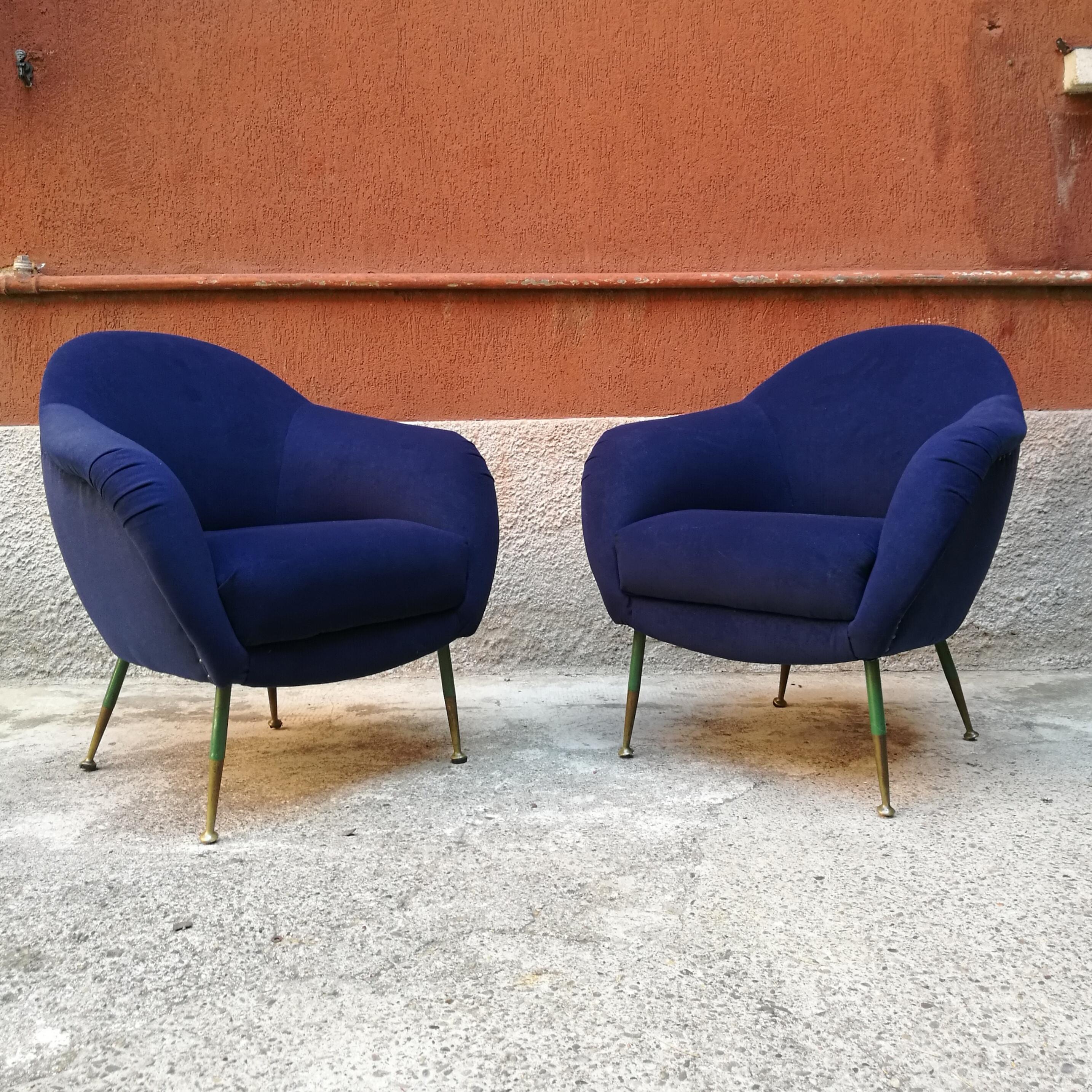 Pair of Midcentury Armchairs in Fabric Blu with Green Legs and Brass, 1960 3