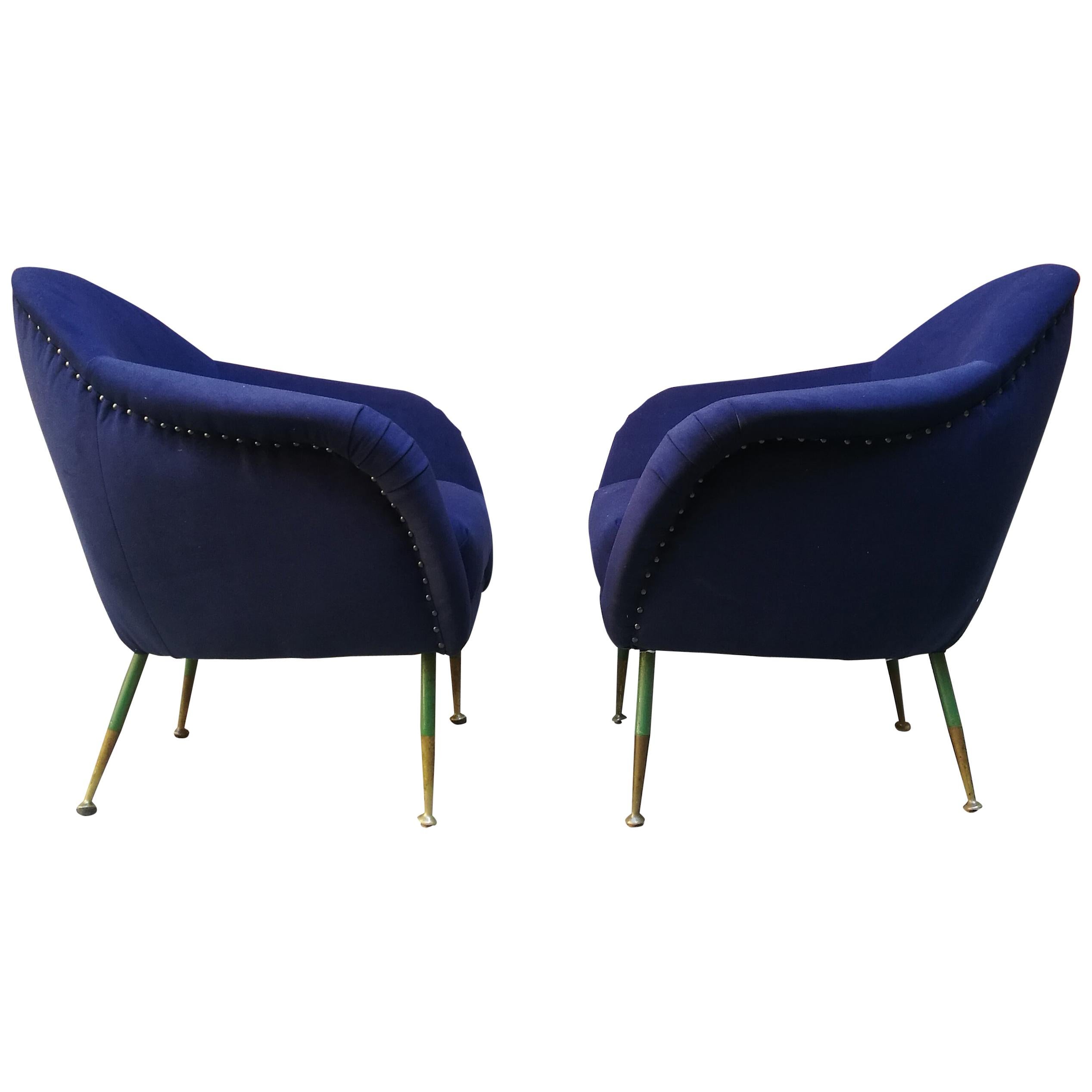 Pair of Midcentury Armchairs in Fabric Blu with Green Legs and Brass, 1960