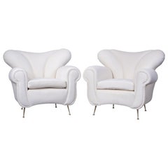 Paire de fauteuils du milieu du siècle, Italie, années 1950, retapissés en velours Pierre Frey