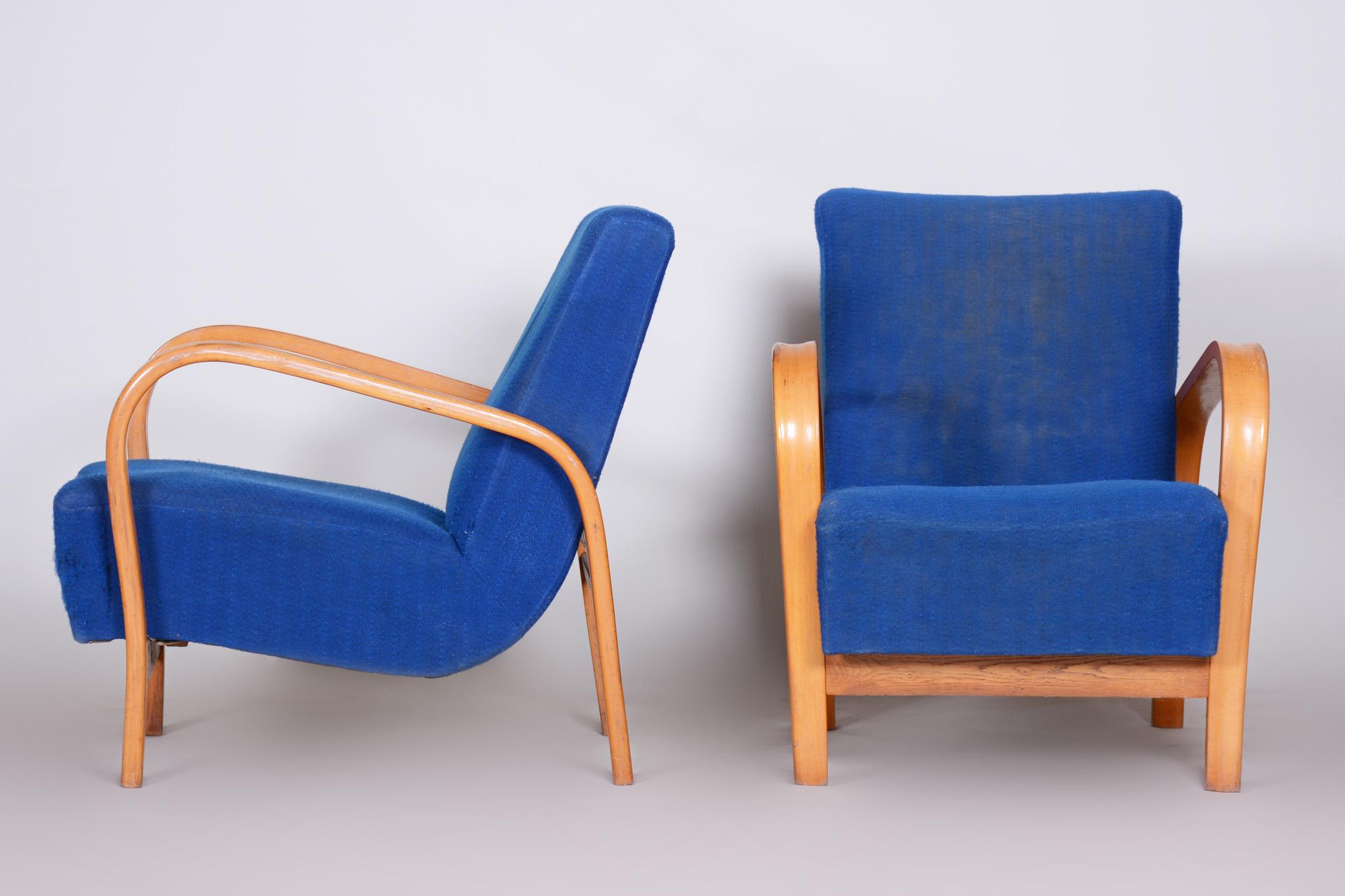 Fabric Pair of Mid Century Armchairs Made in Czechia 1930s, Collaboration with Halabala