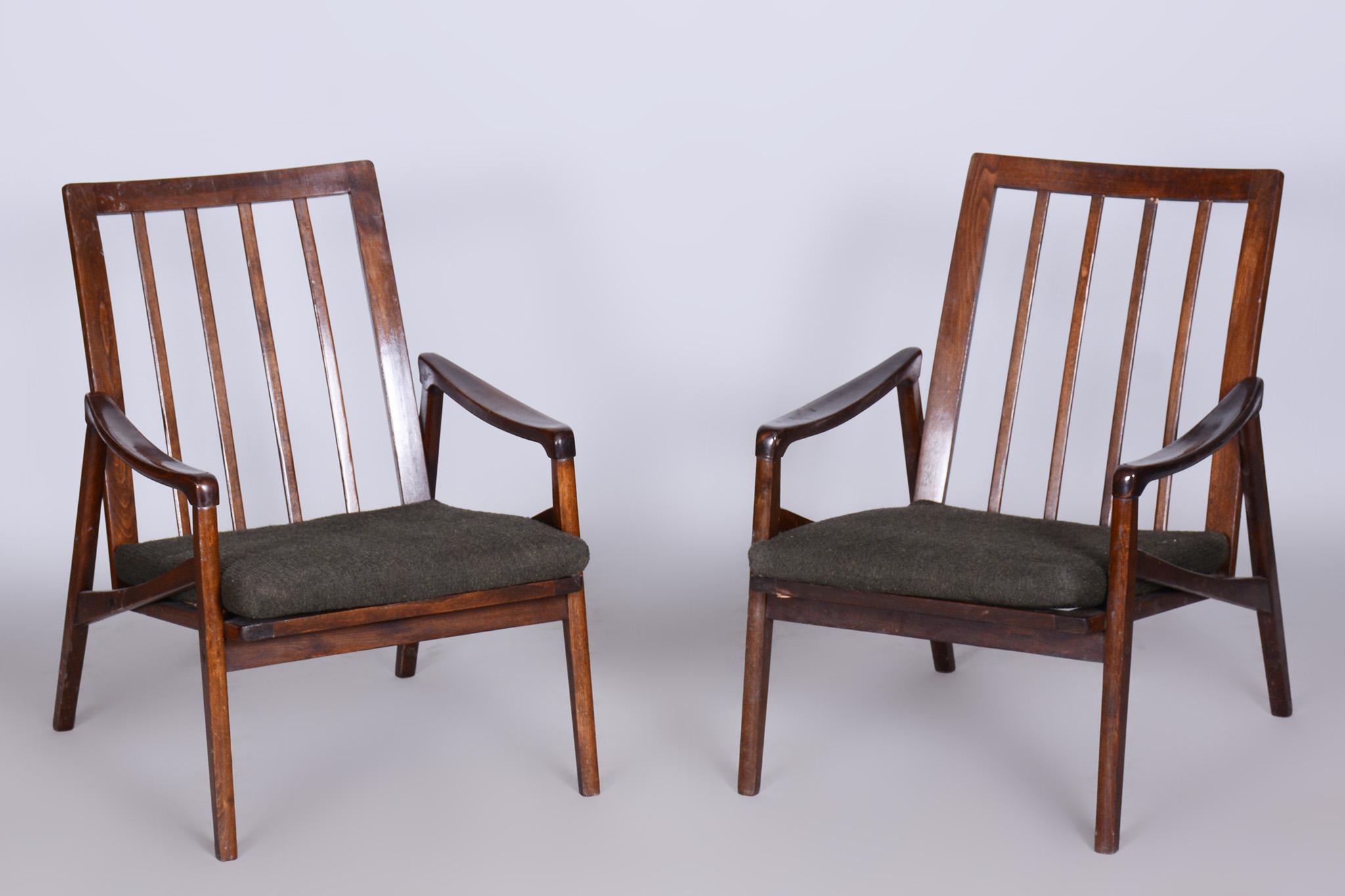 Mid-Century Modern Pair of Mid-Century Armchairs, Stained Beech, Revived Polish, Czechia, 1960s For Sale