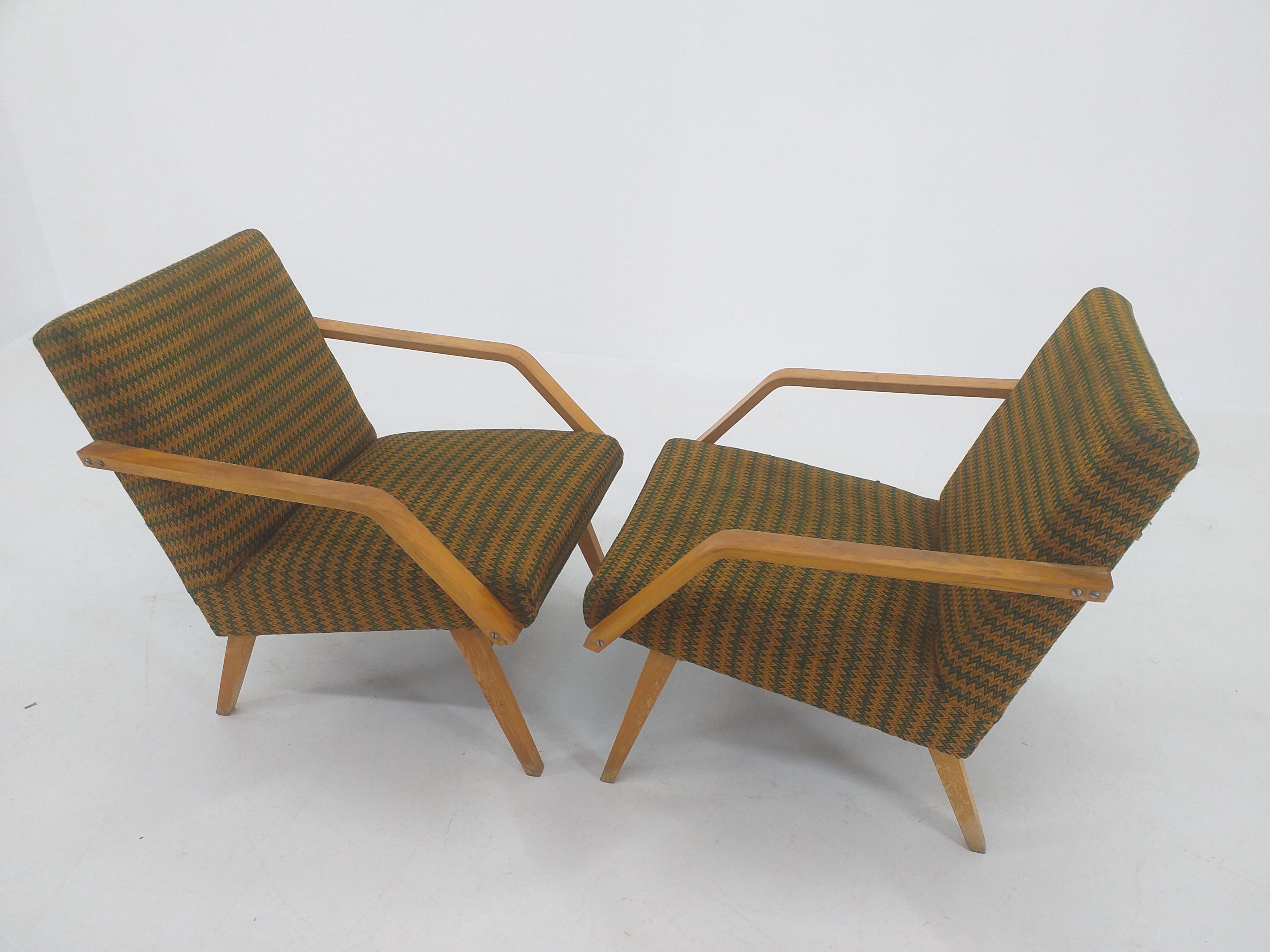 Fabric Pair of Mid Century Armchairs TON, 1970s For Sale