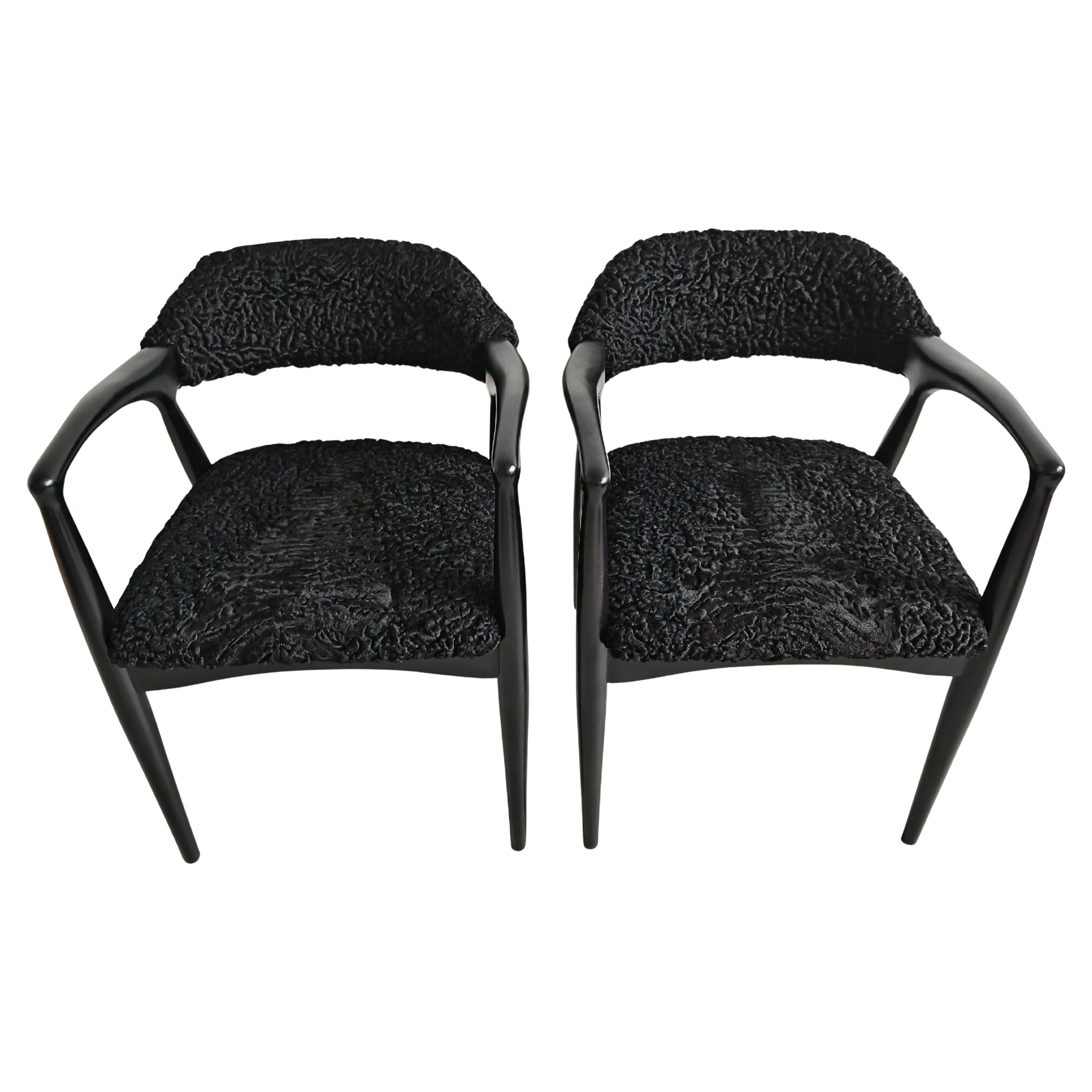 Pair of Mid Century Armchairs upholstered in astrakhan fur, Yugoslavia 1960s