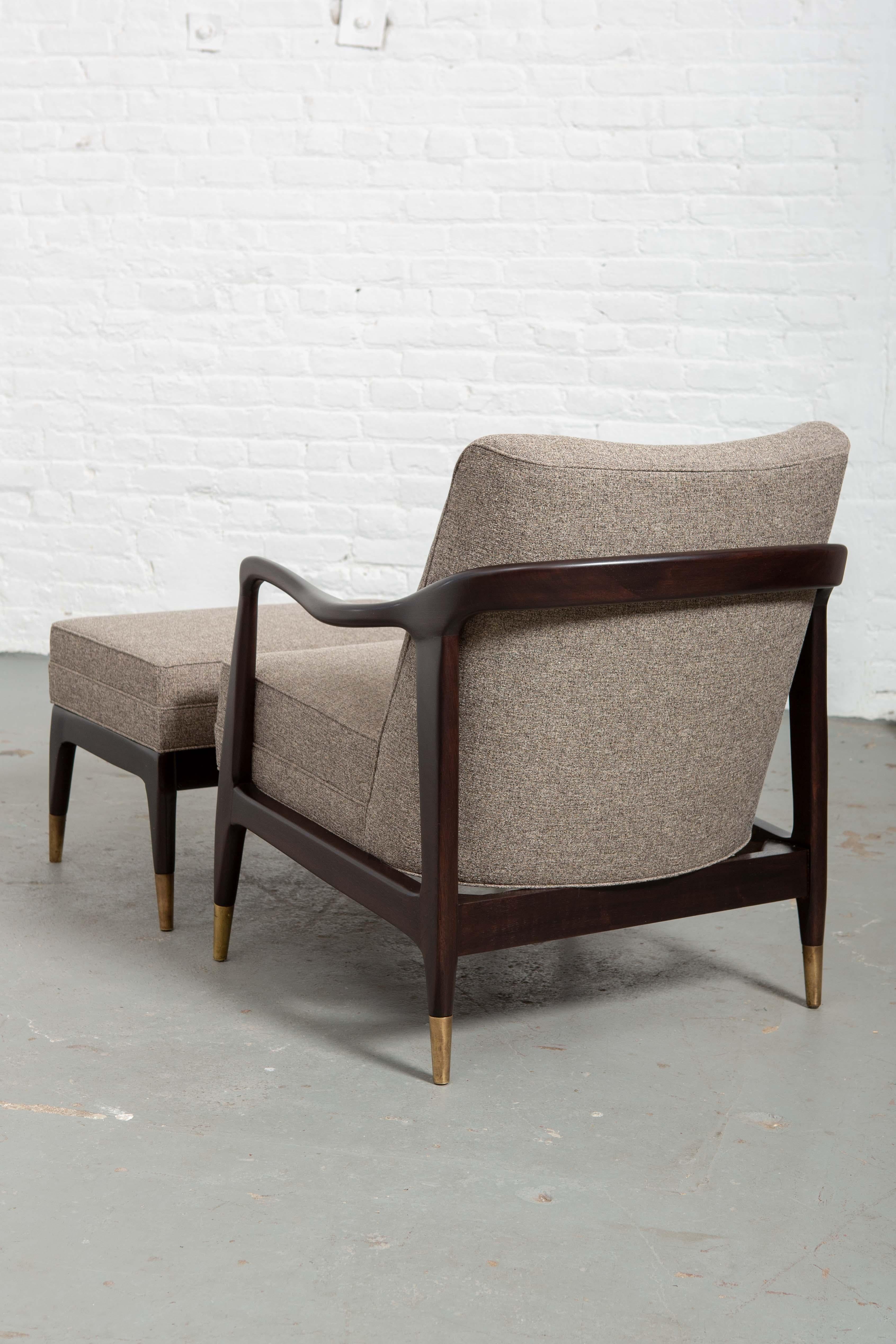 Wood Pair of Midcentury Armchairs with Footstool