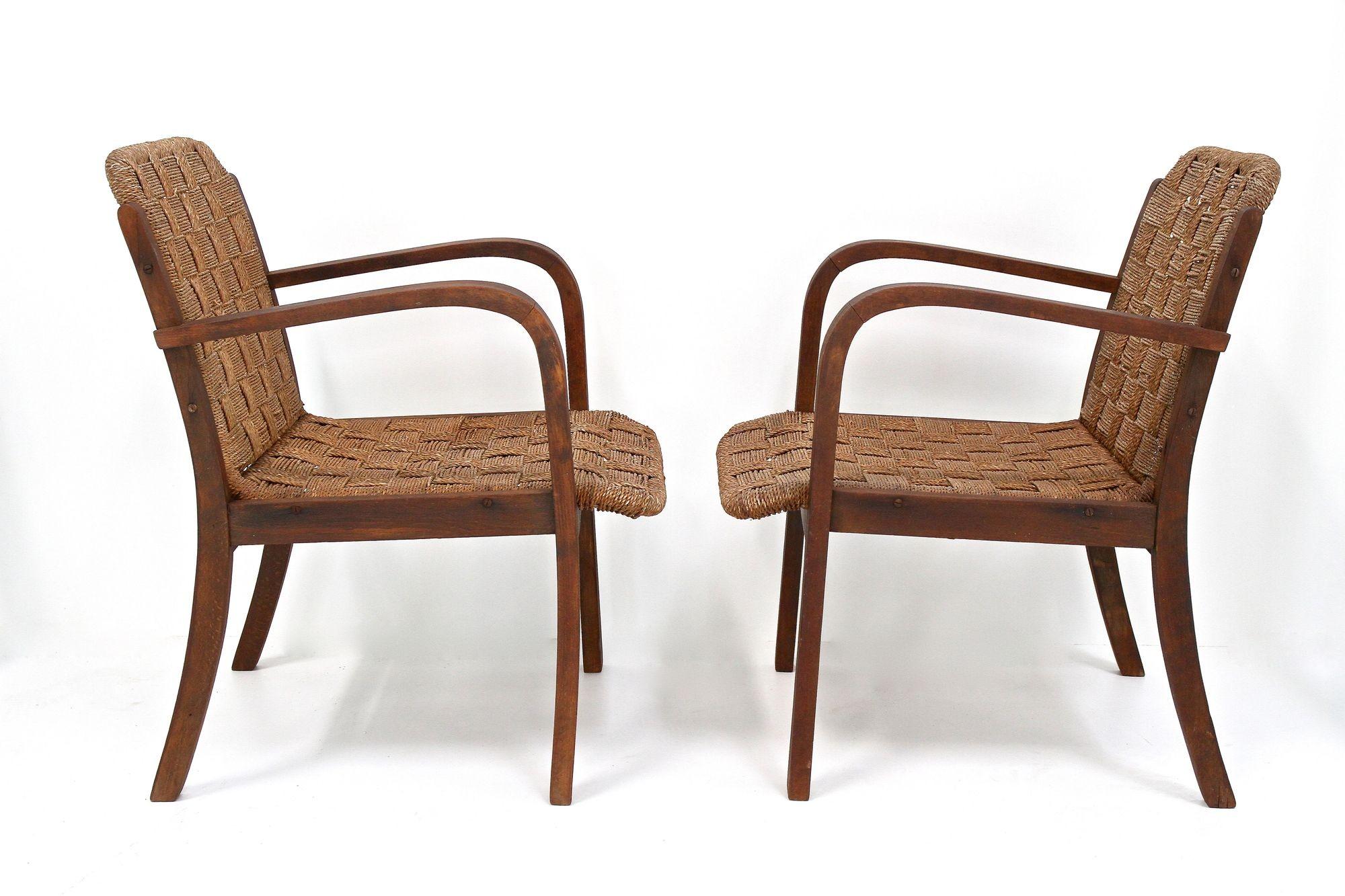 Mid-Century Modern Pair Of Mid Century Armchairs With Woven Rope, Audoux - Minnet, FR ca. 1950 For Sale