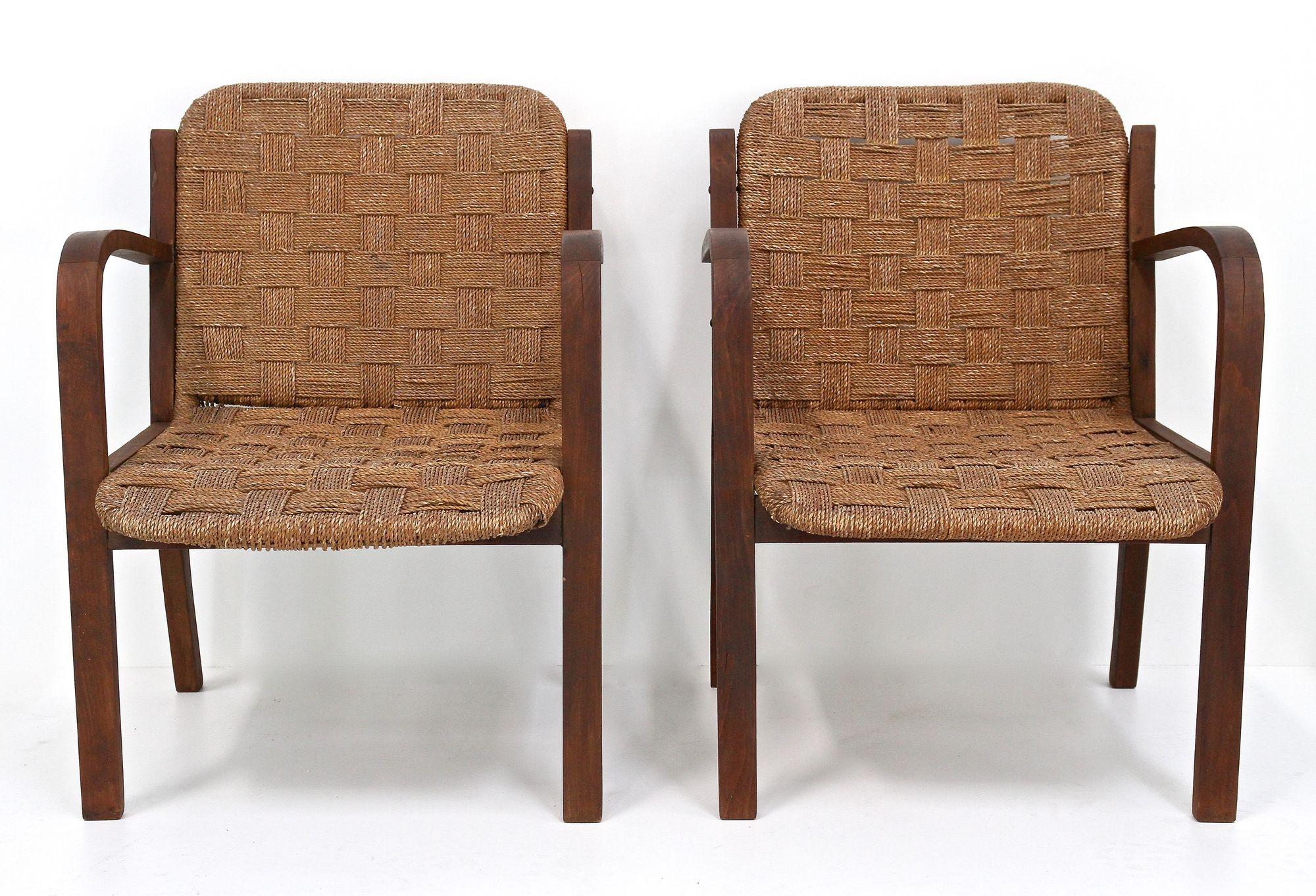 French Pair Of Mid Century Armchairs With Woven Rope, Audoux - Minnet, FR ca. 1950 For Sale