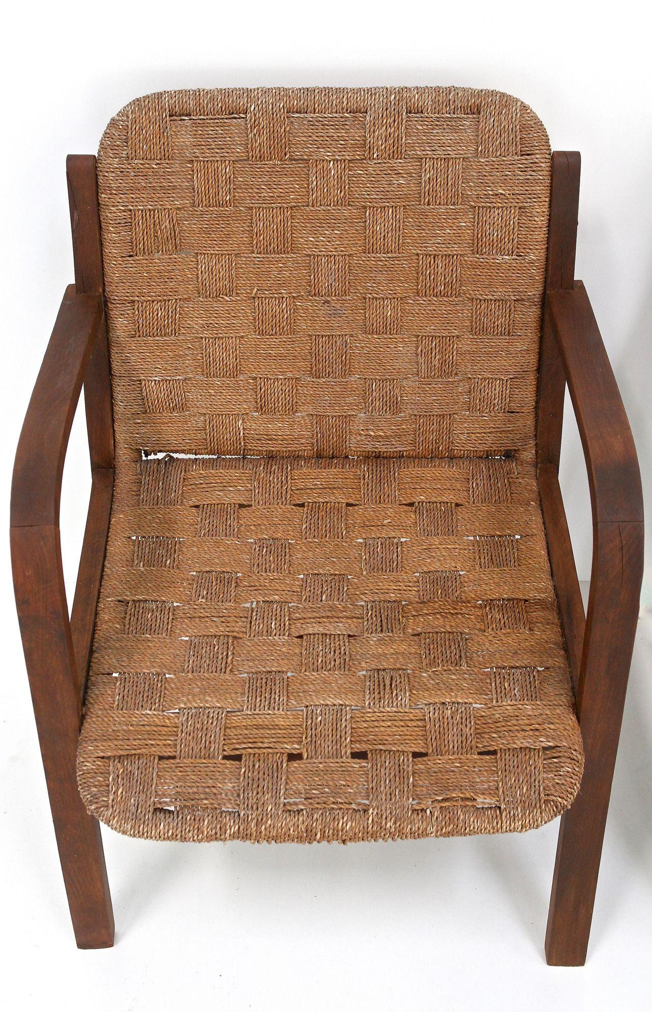 Hand-Crafted Pair Of Mid Century Armchairs With Woven Rope, Audoux - Minnet, FR ca. 1950 For Sale