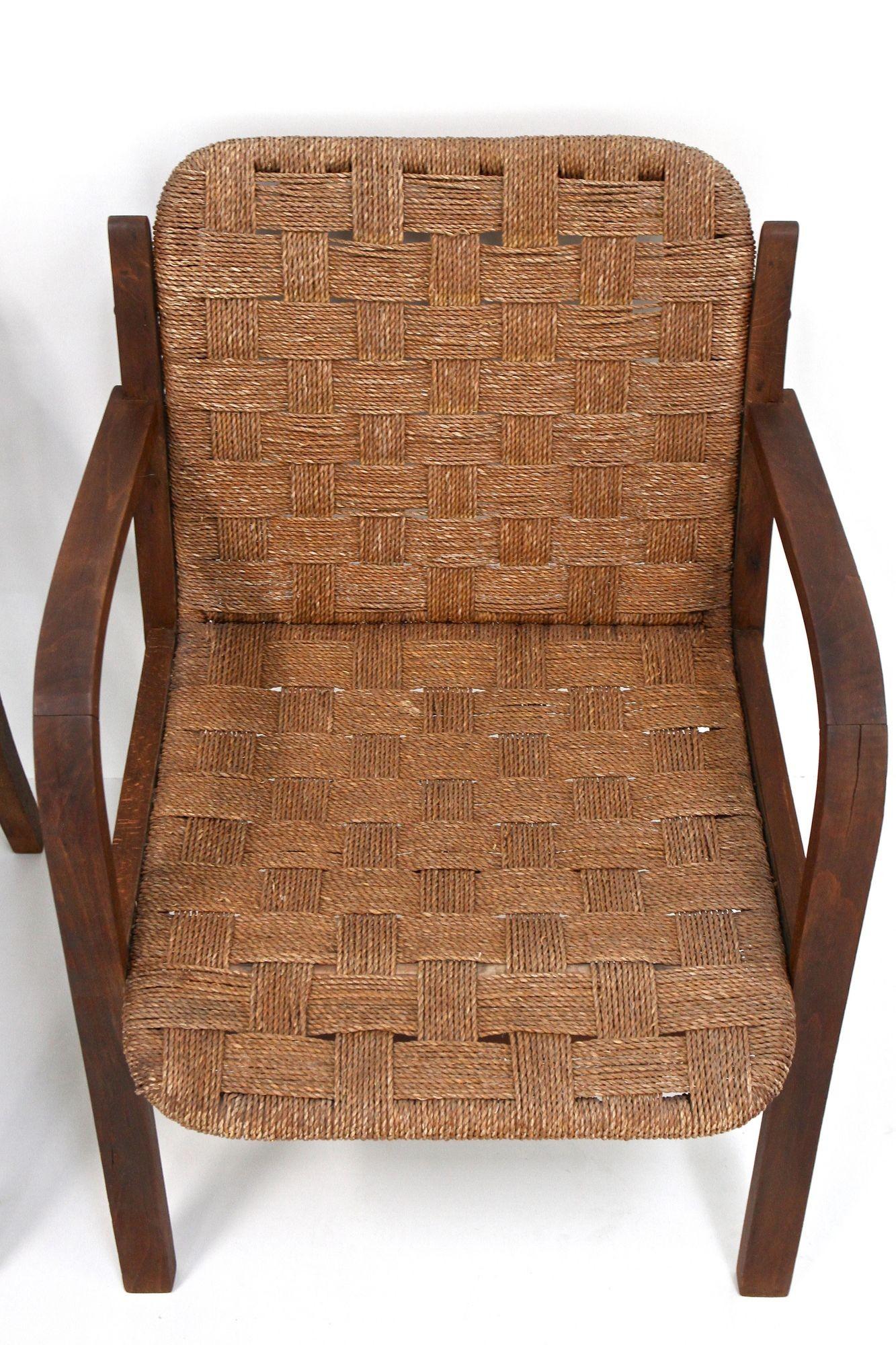 Pair Of Mid Century Armchairs With Woven Rope, Audoux - Minnet, FR ca. 1950 In Good Condition For Sale In Lichtenberg, AT