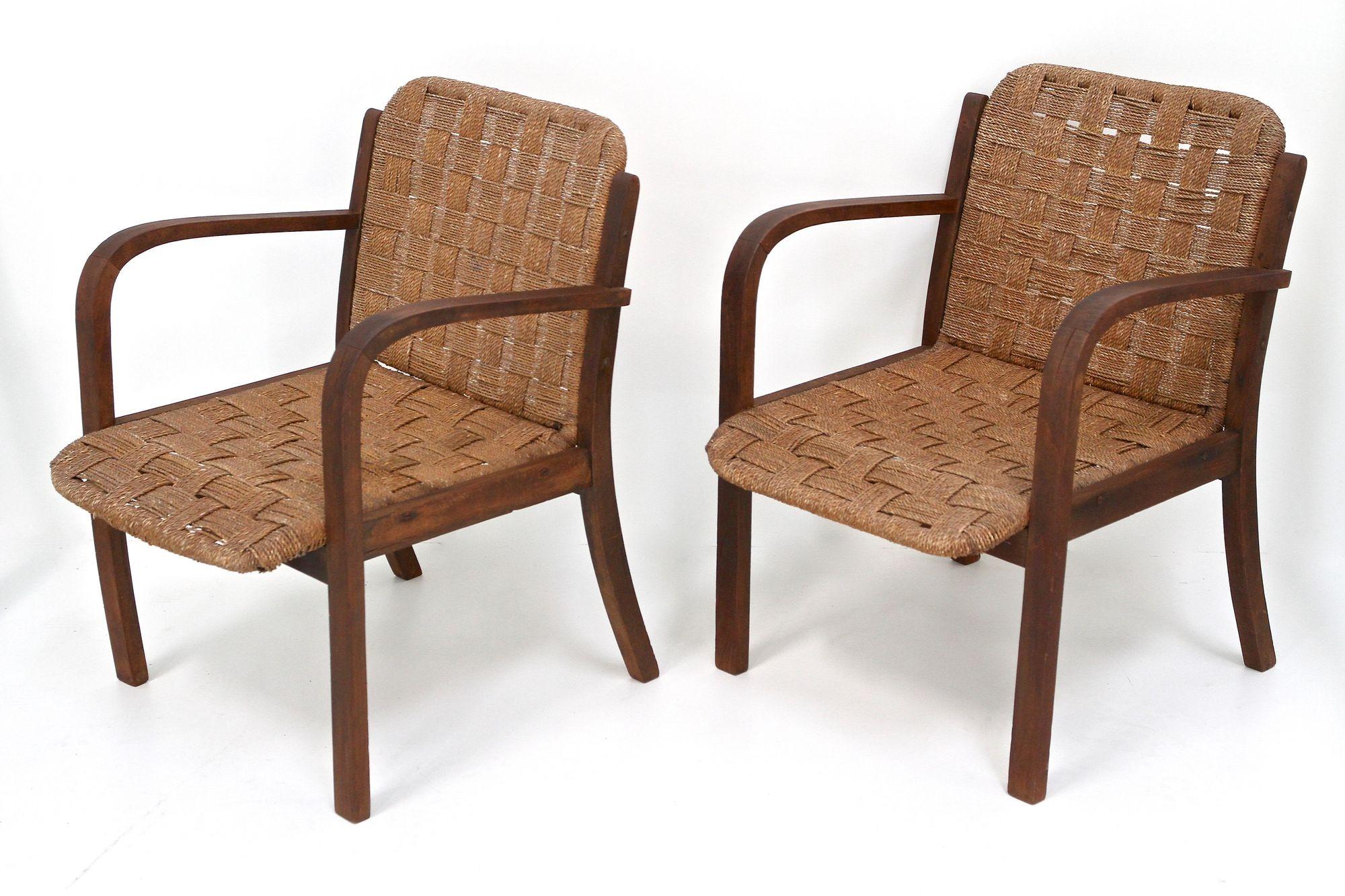 Bamboo Pair Of Mid Century Armchairs With Woven Rope, Audoux - Minnet, FR ca. 1950 For Sale