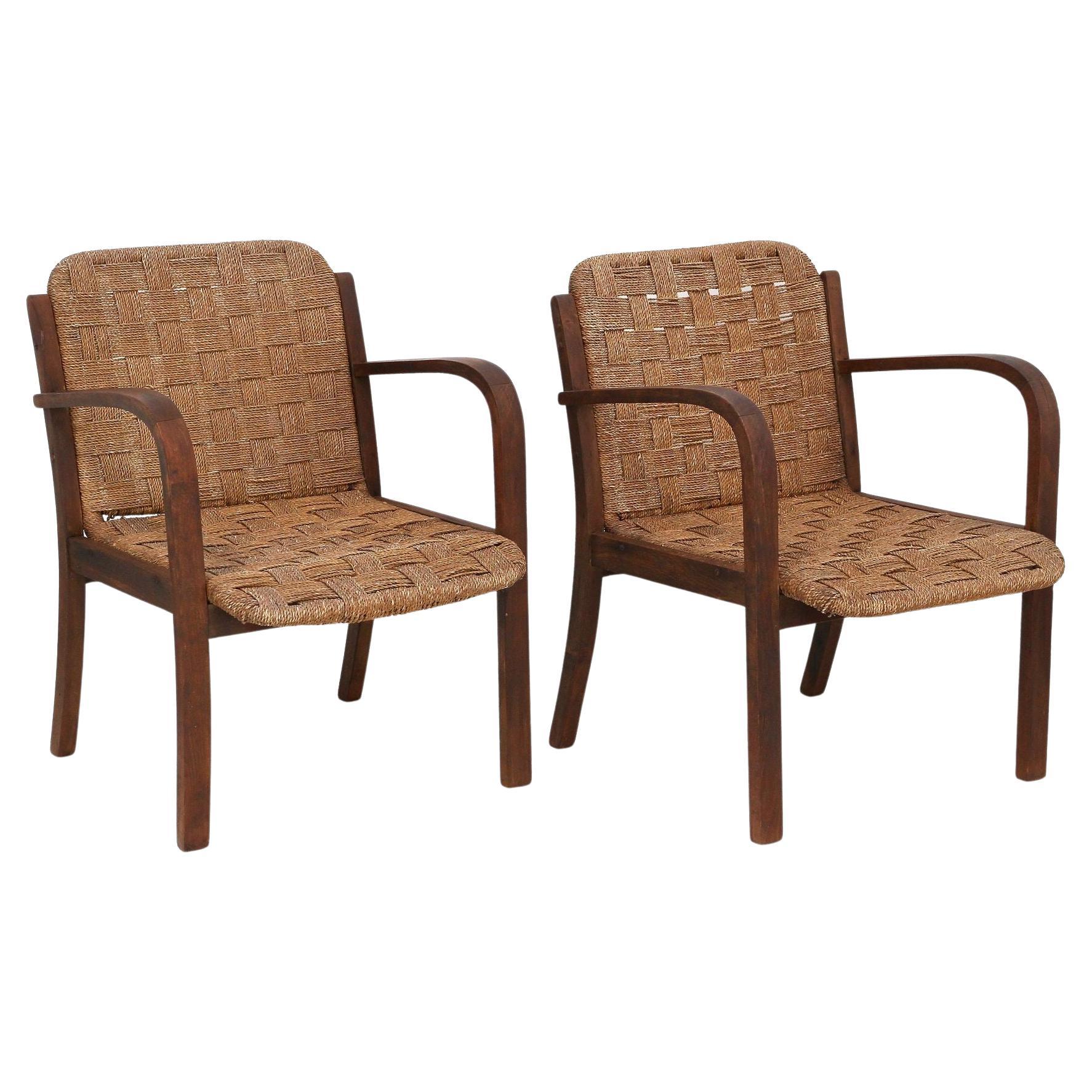 Pair Of Mid Century Armchairs With Woven Rope, Audoux - Minnet, FR ca. 1950 For Sale