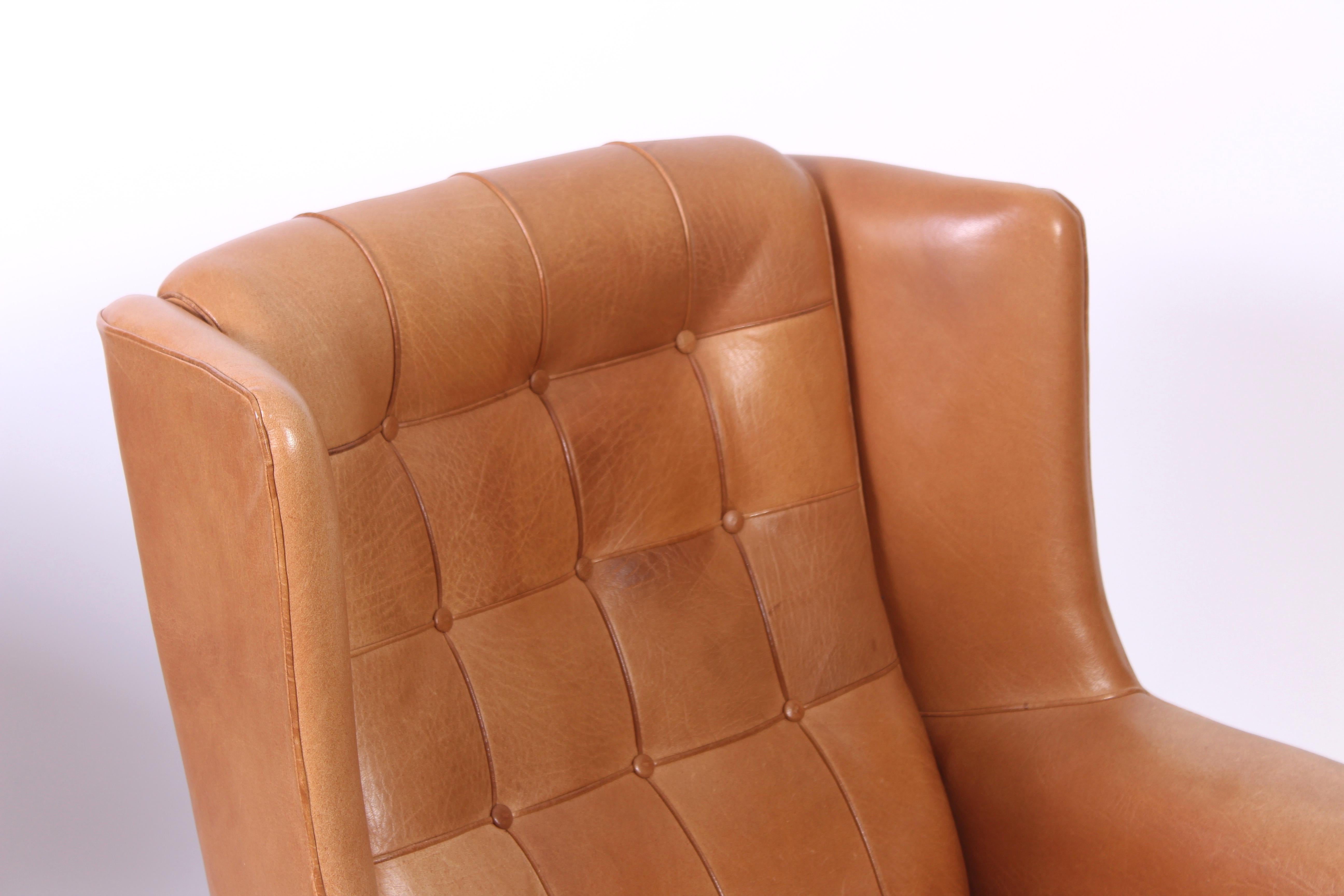 Leather Pair of Midcentury Arne Norell Lounge Chairs with Ottoman, 1960s For Sale