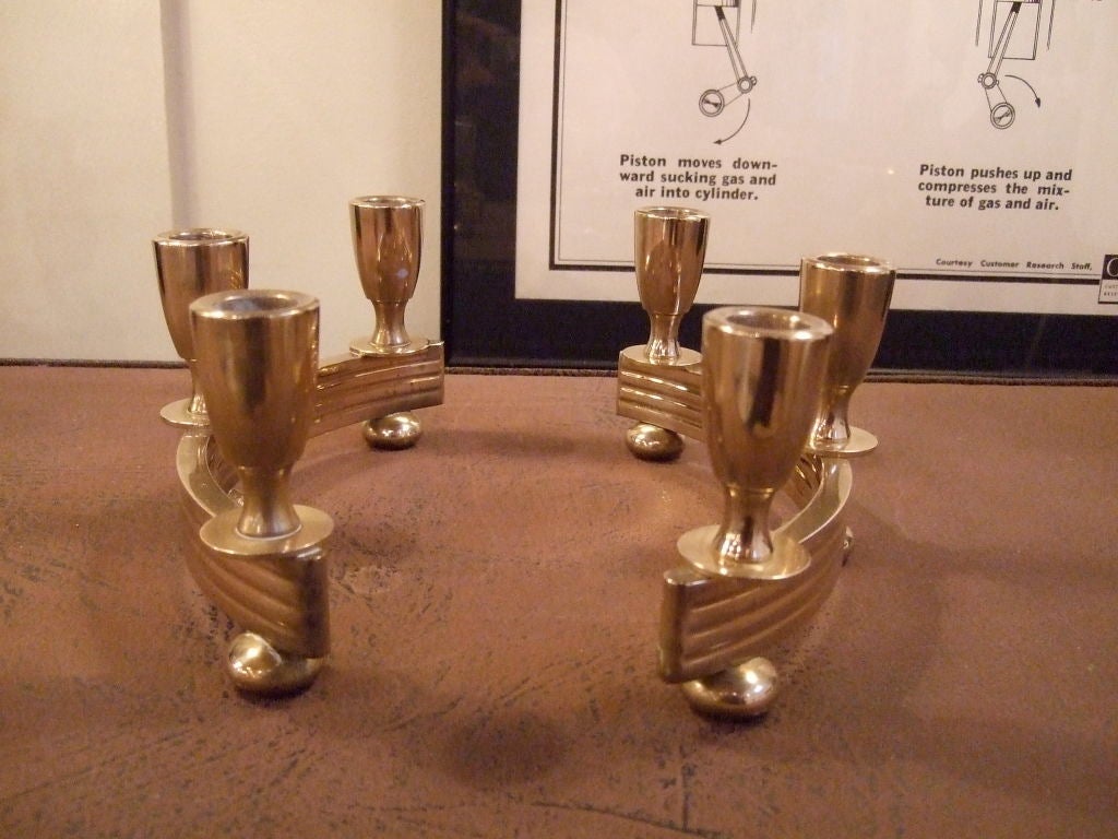 American Pair of Midcentury Art Deco Brass Candleholders