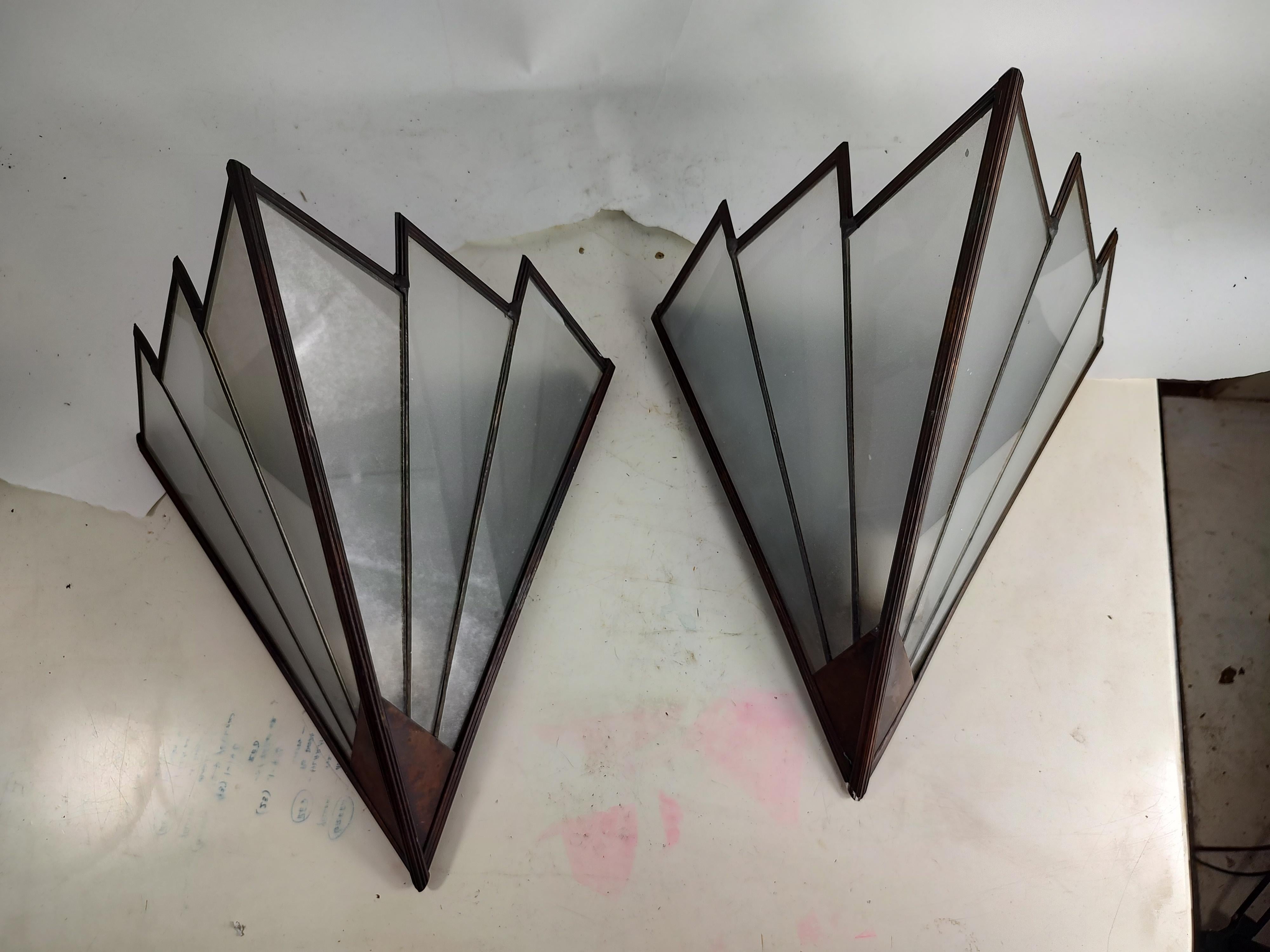 Pair of Mid Century Art Deco French Sculptural Copper and Frosted Glass Sconces 4