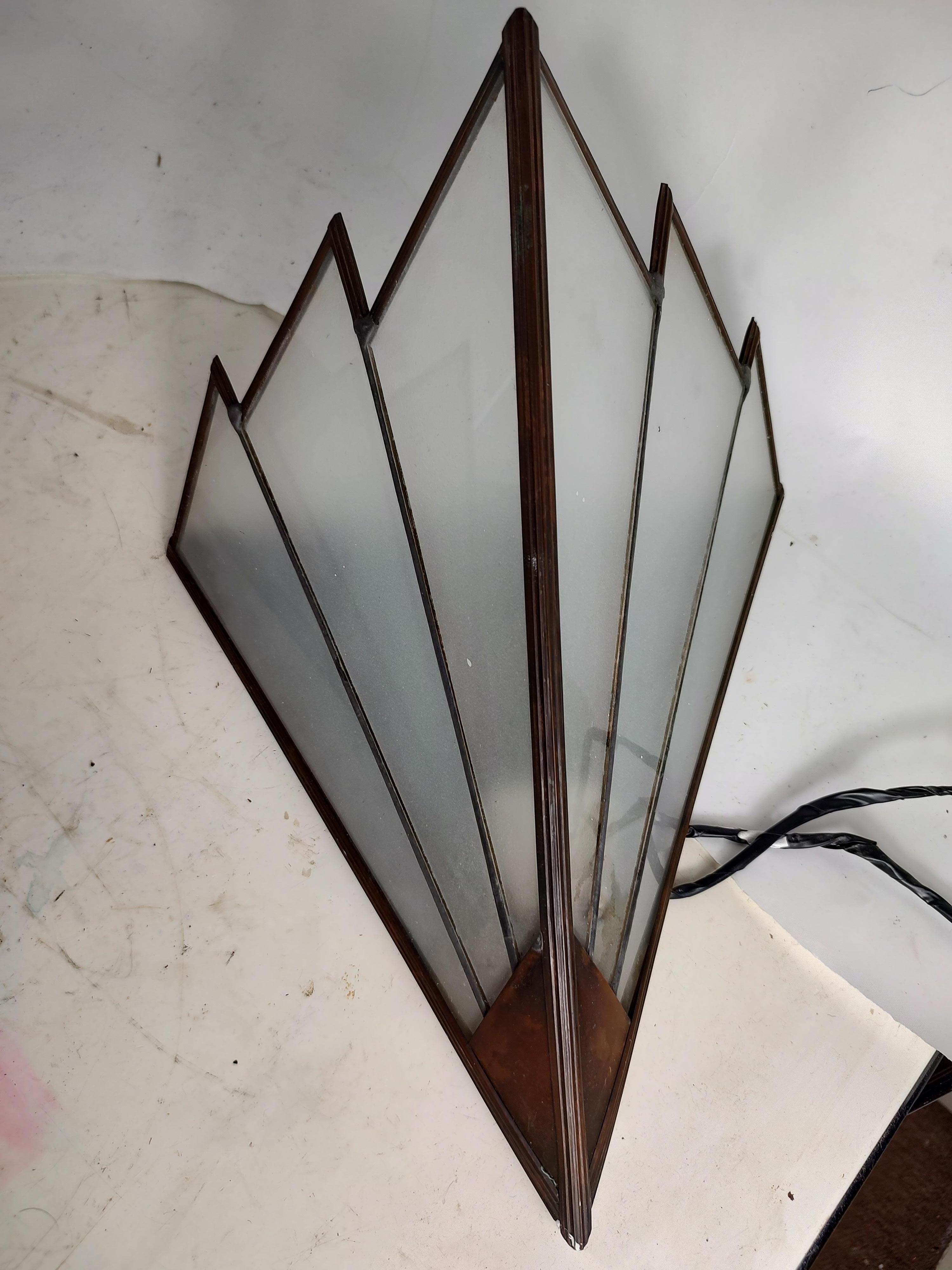 Metal Pair of Mid Century Art Deco French Sculptural Copper and Frosted Glass Sconces