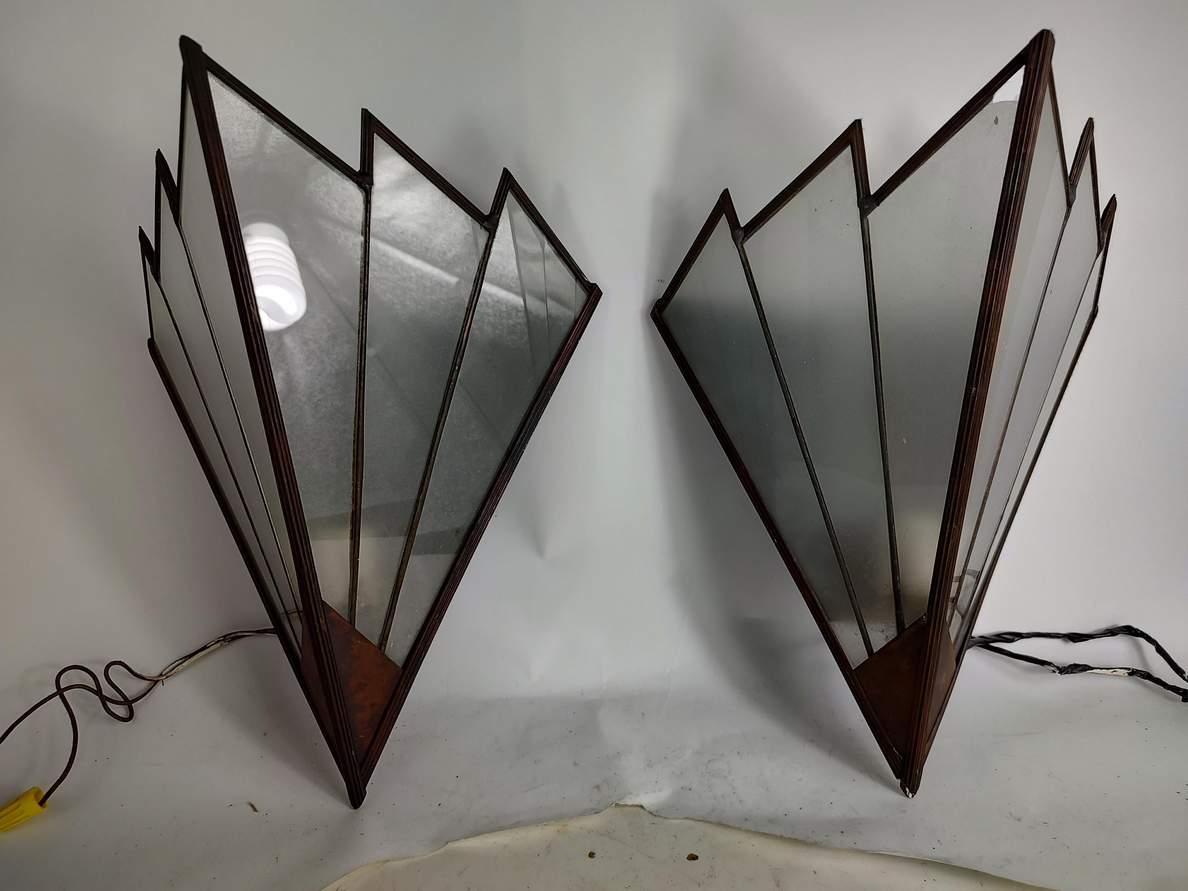 Pair of Mid Century Art Deco French Sculptural Copper and Frosted Glass Sconces 3