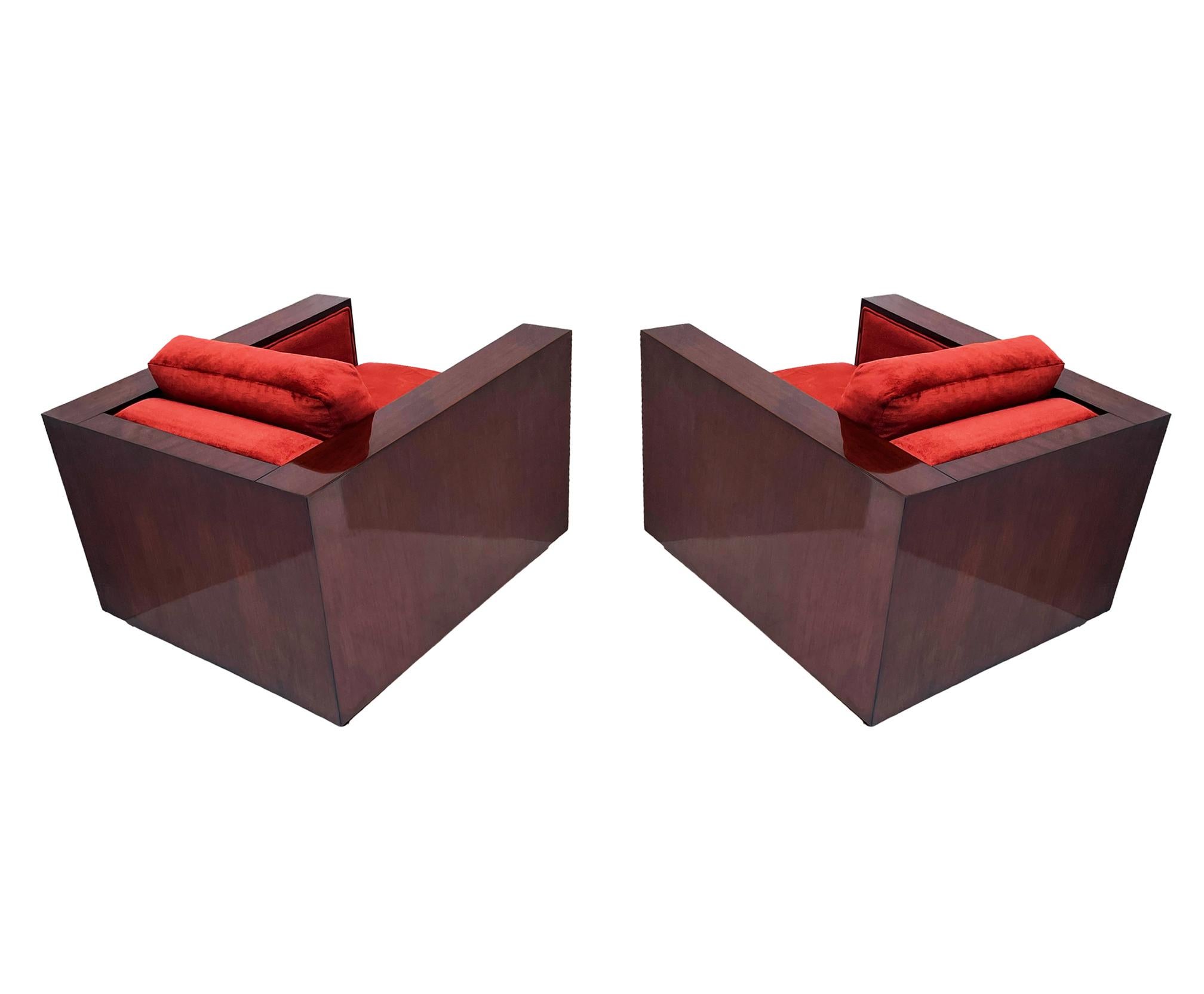American Pair of Mid Century Art Deco Mahogany Cube Club Chairs by Ralph Lauren  For Sale