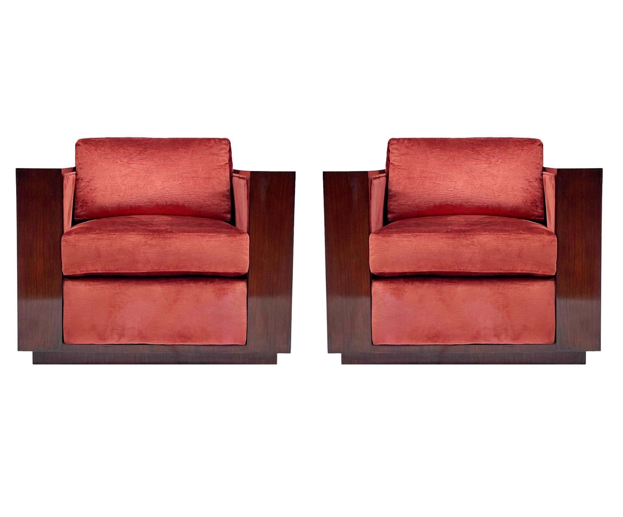 Pair of Mid Century Art Deco Mahogany Cube Club Chairs by Ralph Lauren  For Sale 1