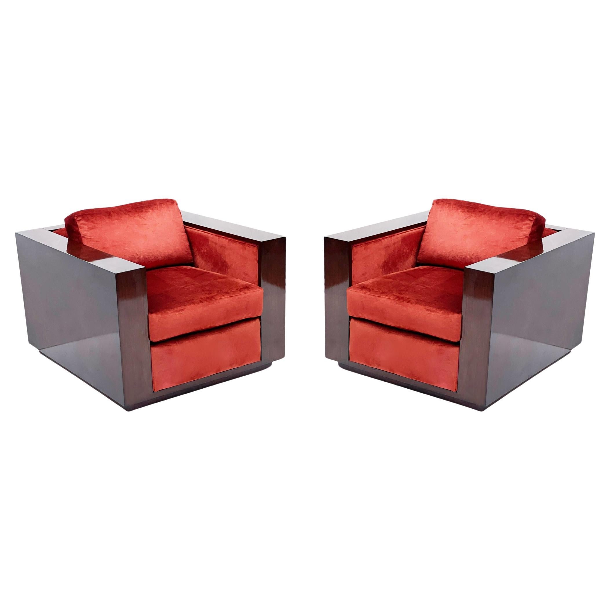 Pair of Mid Century Art Deco Mahogany Cube Club Chairs by Ralph Lauren 