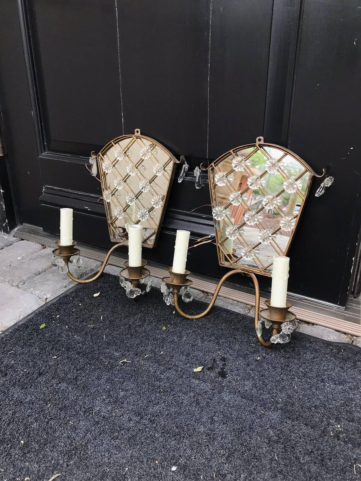 Pair of Mid-20th Century Art Deco style mirrored, crystal and metal sconces.