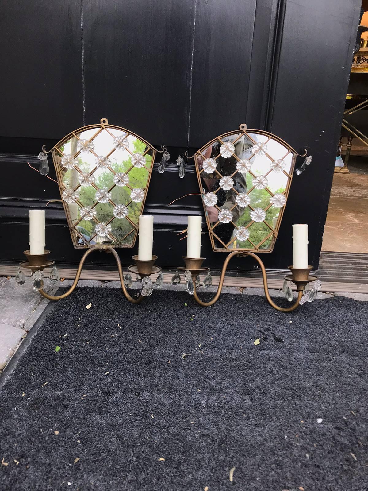 Pair of Mid-20th Century Art Deco Style Mirrored, Crystal and Metal Sconces For Sale 5