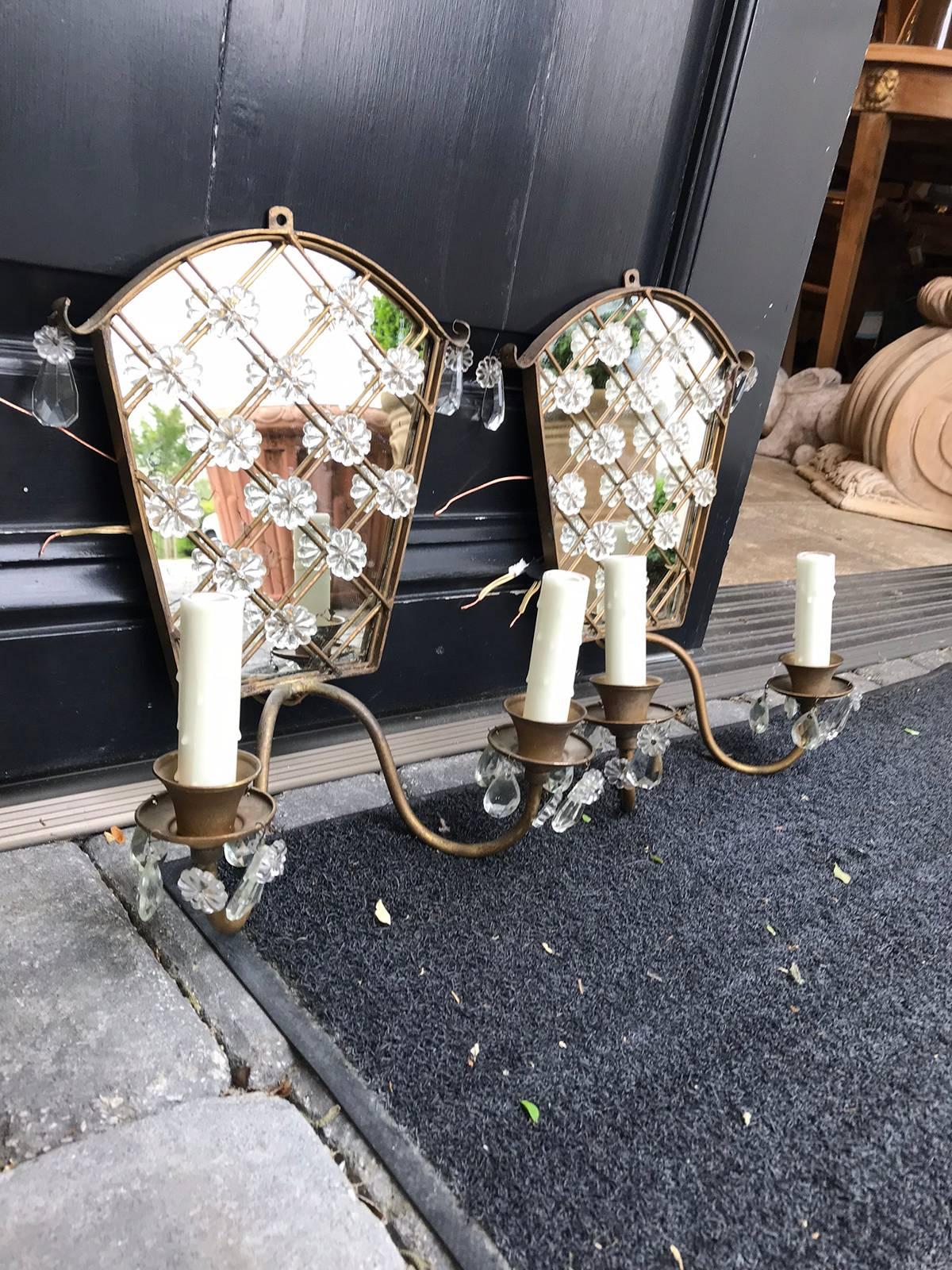 Pair of Mid-20th Century Art Deco Style Mirrored, Crystal and Metal Sconces For Sale 6