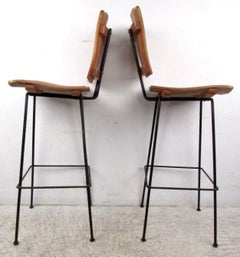 Pair of Mid-Century Arthur Umanoff Slat Wood and Iron Stools