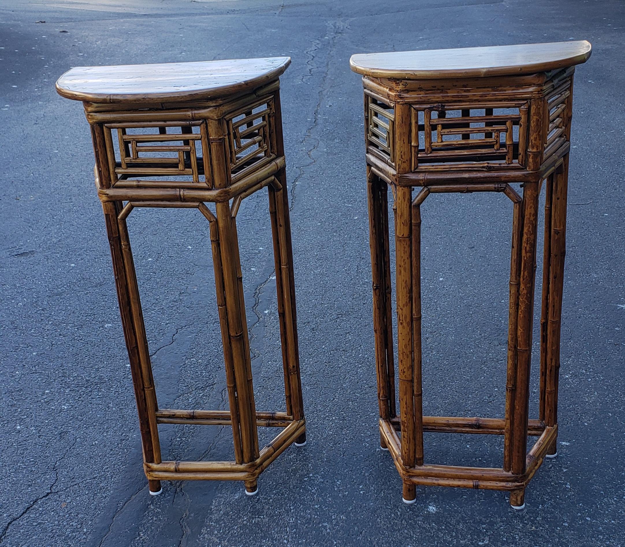 Pair of Midcentury Asian Bamboo and Wood Demilune Side Tables or Plant Stands 2