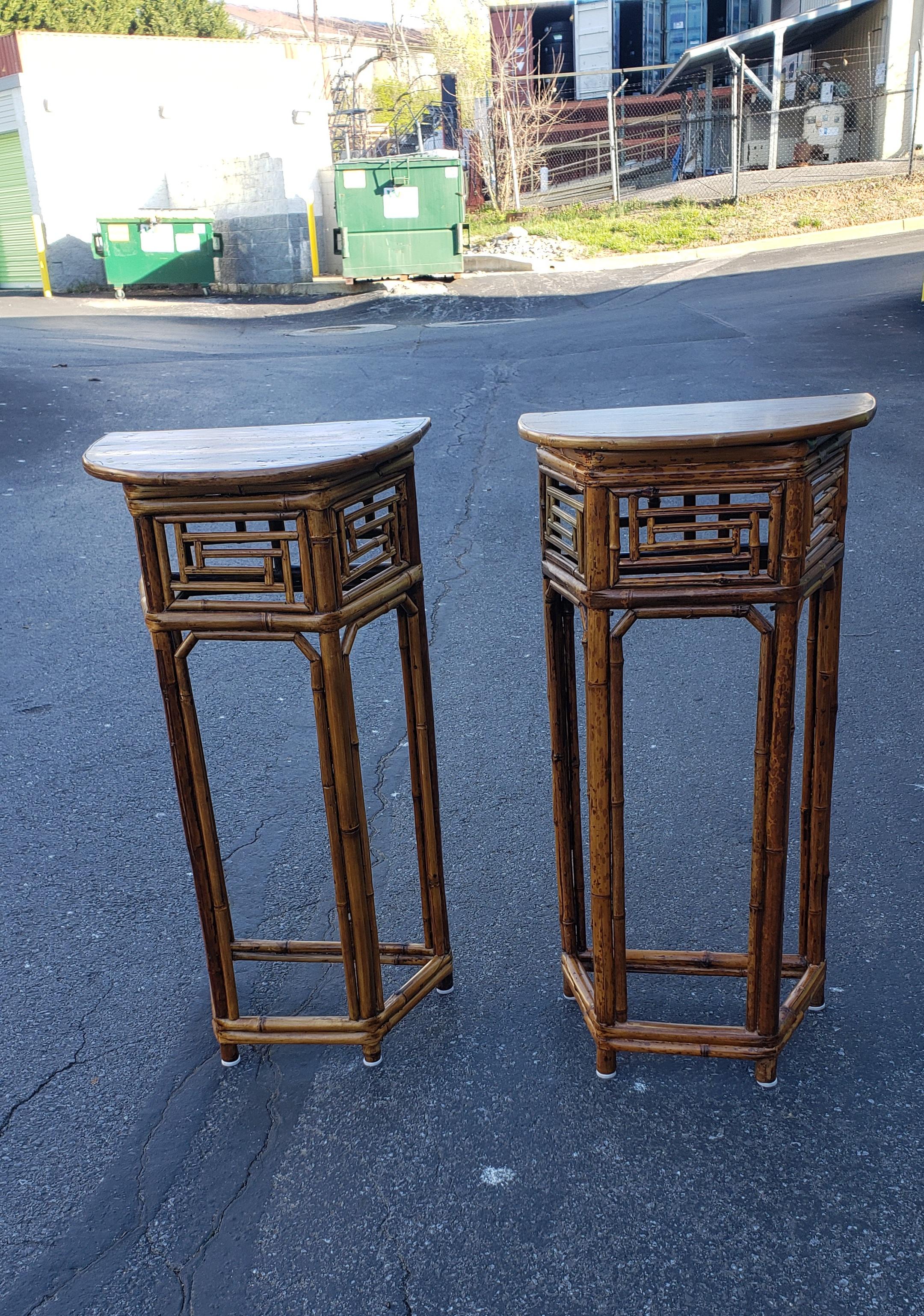 Pair of Midcentury Asian Bamboo and Wood Demilune Side Tables or Plant Stands 3