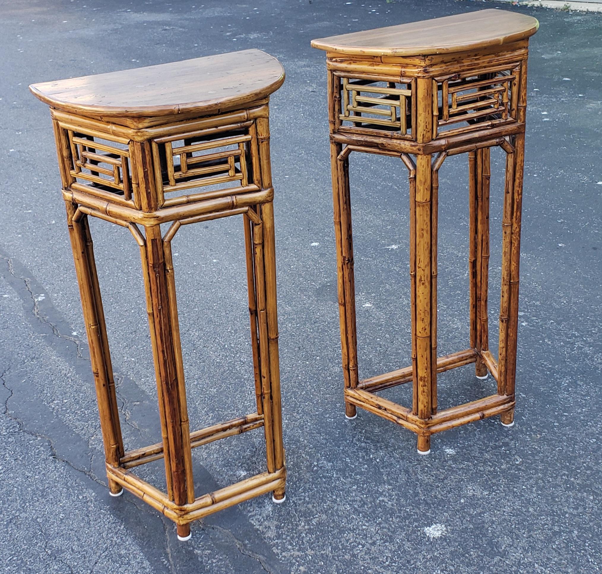 Pair Chinese Bamboo Demilune side tables or plant stand measuring 16.5