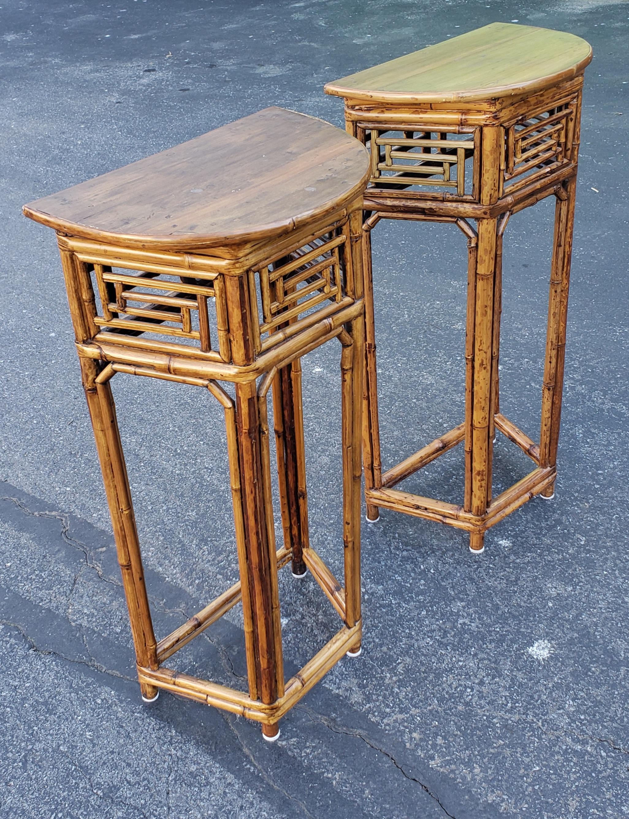 Mid-Century Modern Pair of Midcentury Asian Bamboo and Wood Demilune Side Tables or Plant Stands
