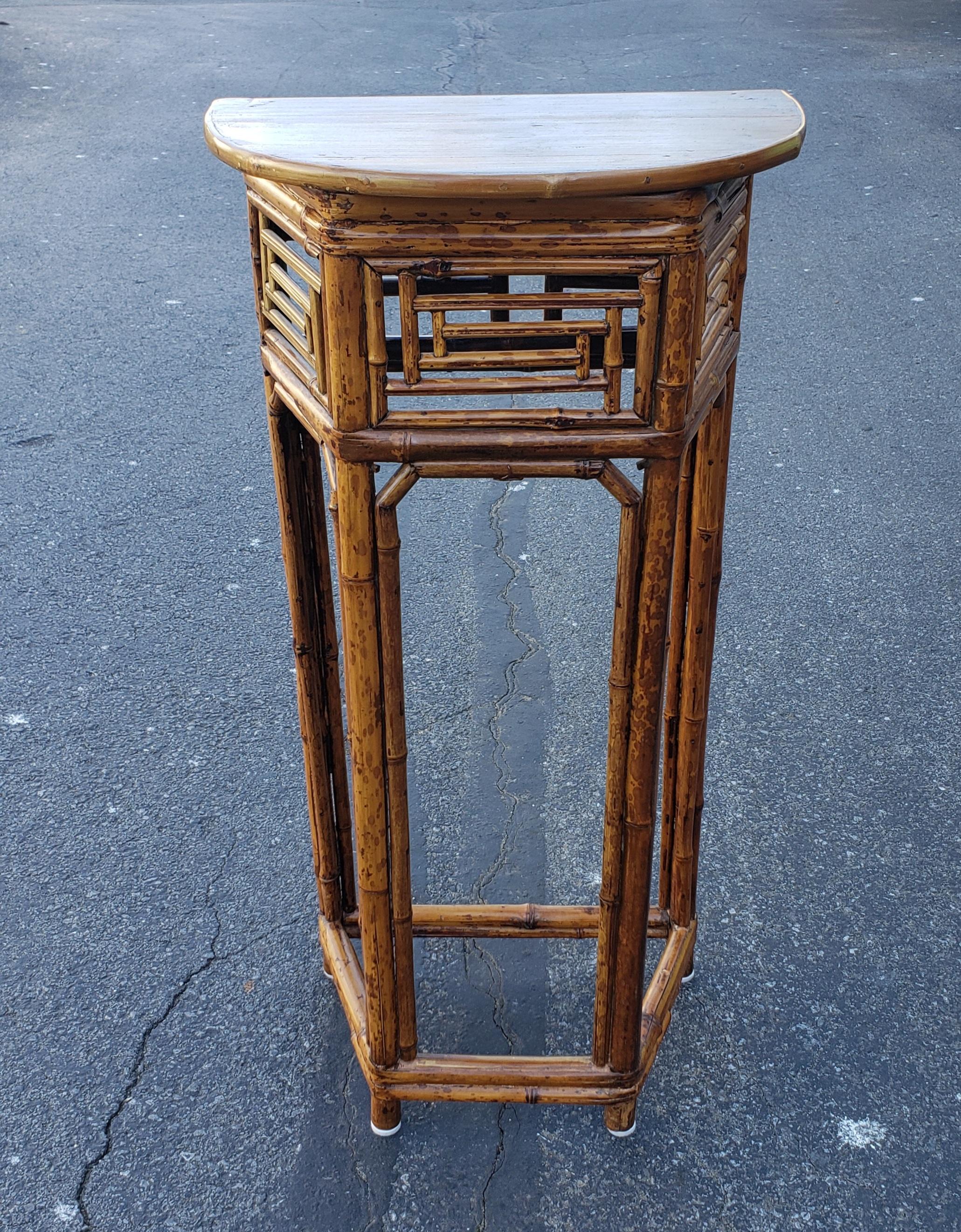 Pair of Midcentury Asian Bamboo and Wood Demilune Side Tables or Plant Stands In Good Condition In Germantown, MD