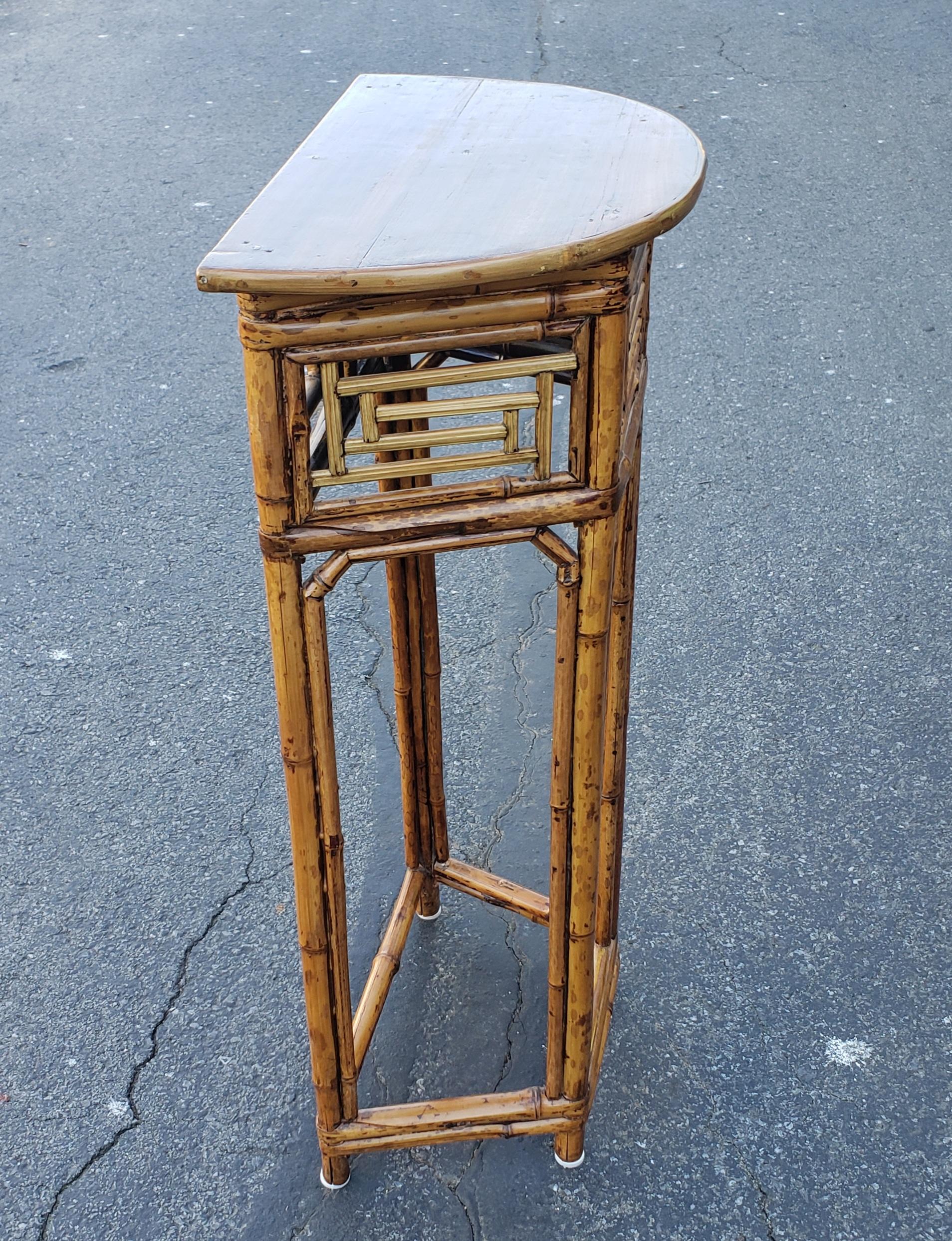 20th Century Pair of Midcentury Asian Bamboo and Wood Demilune Side Tables or Plant Stands