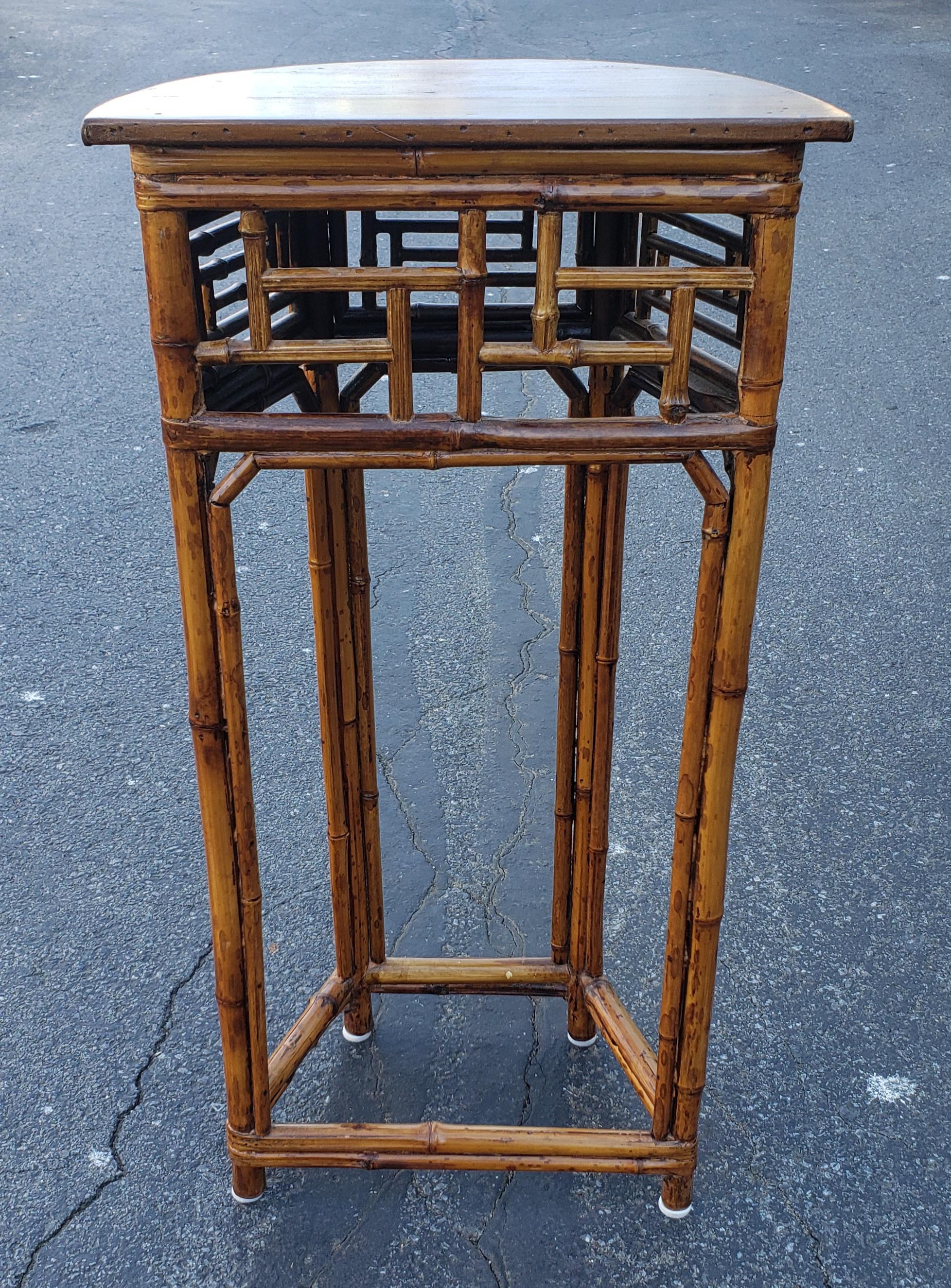 Pair of Midcentury Asian Bamboo and Wood Demilune Side Tables or Plant Stands 1