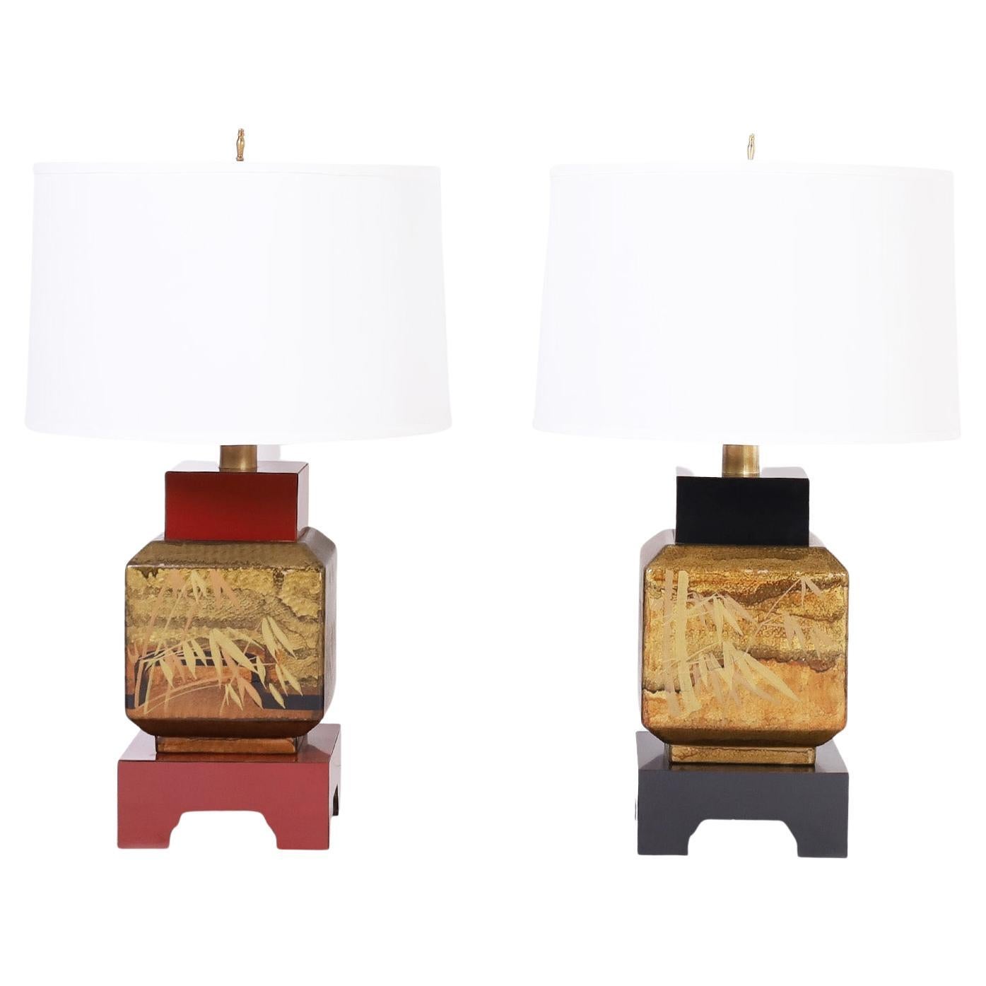 Pair of Mid-Century Asian Modern French Table Lamps For Sale