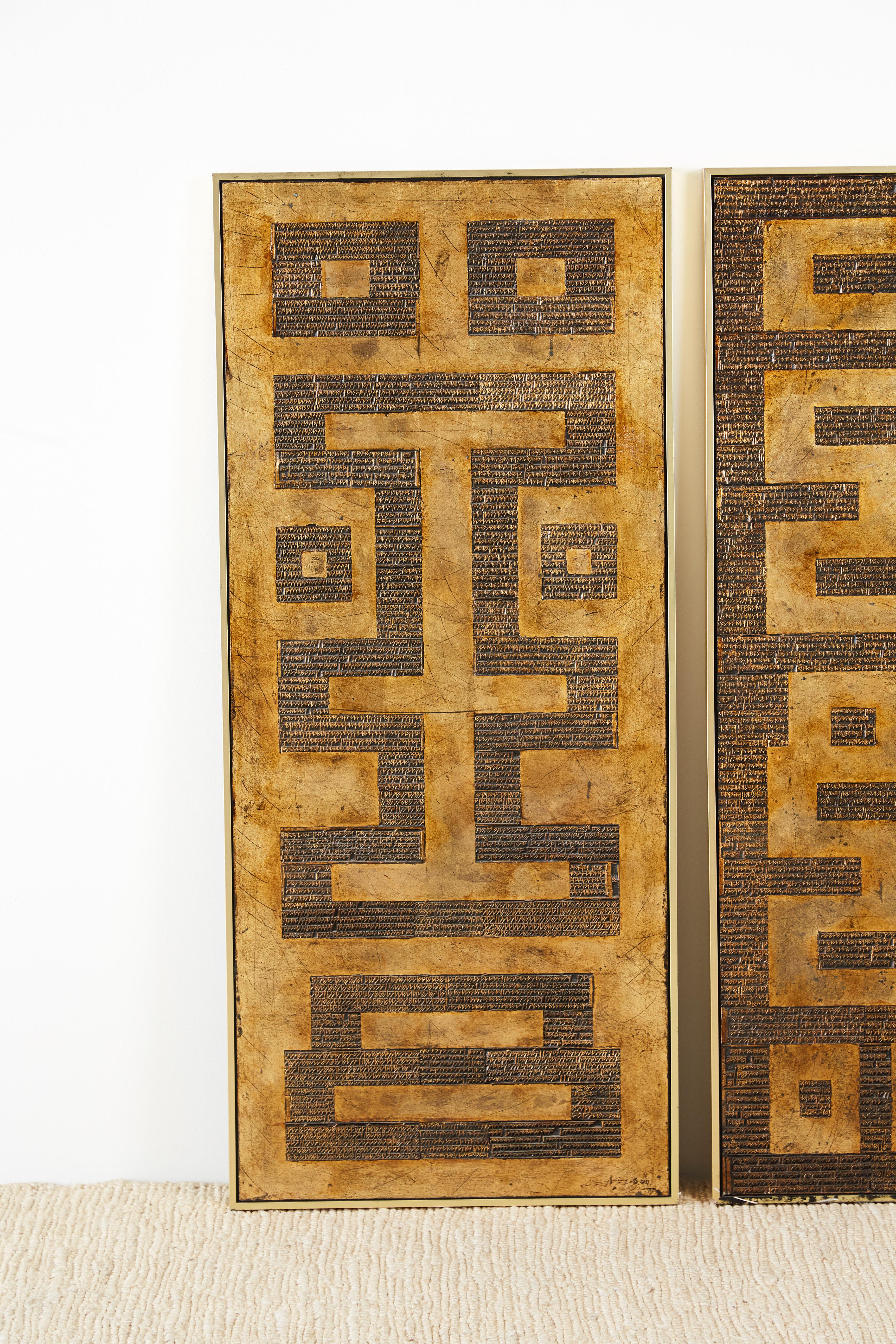 Mid-Century Modern Pair of Midcentury Asian Style Geometric Gilt Panels