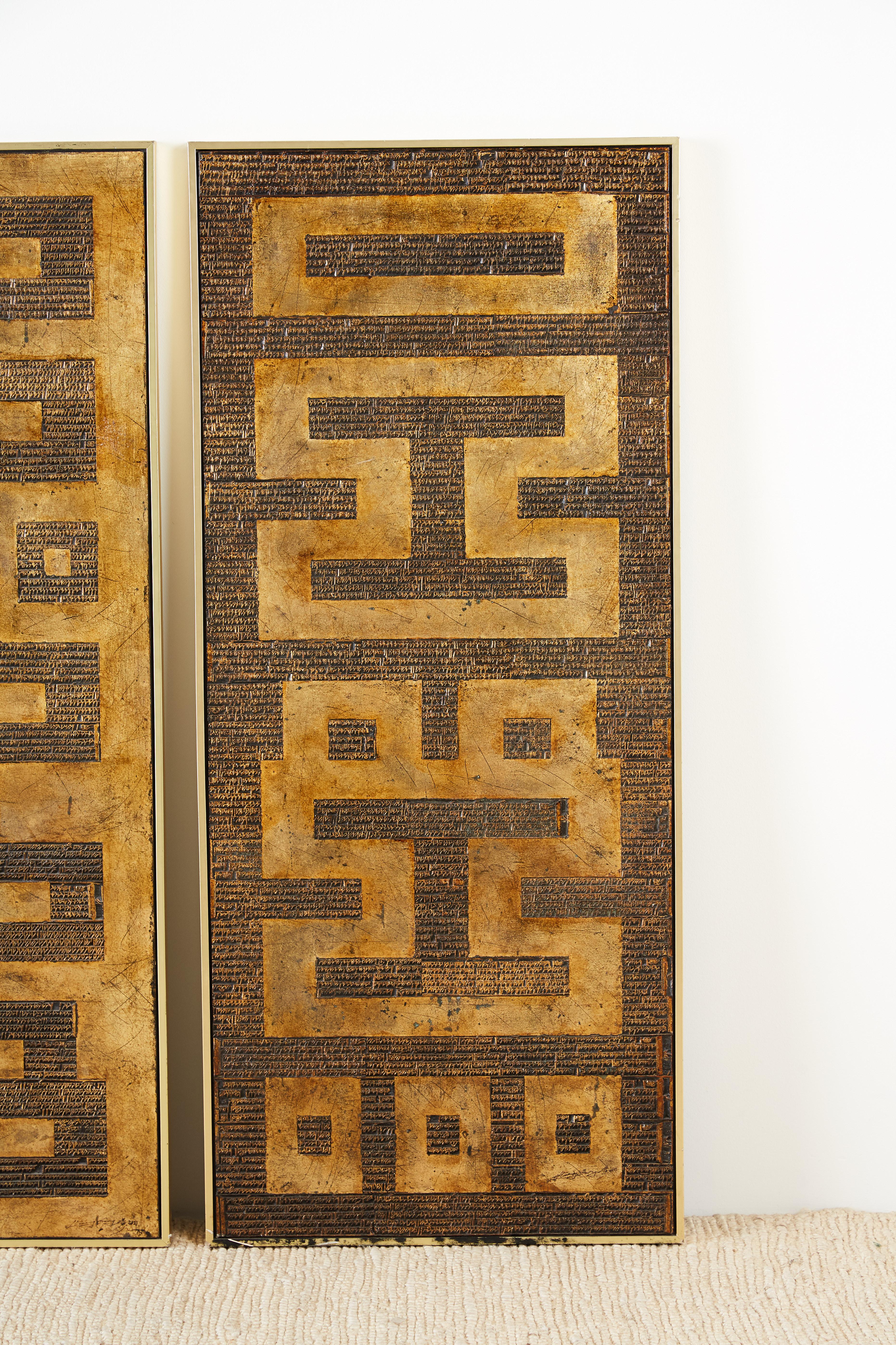 Chinese Pair of Midcentury Asian Style Geometric Gilt Panels