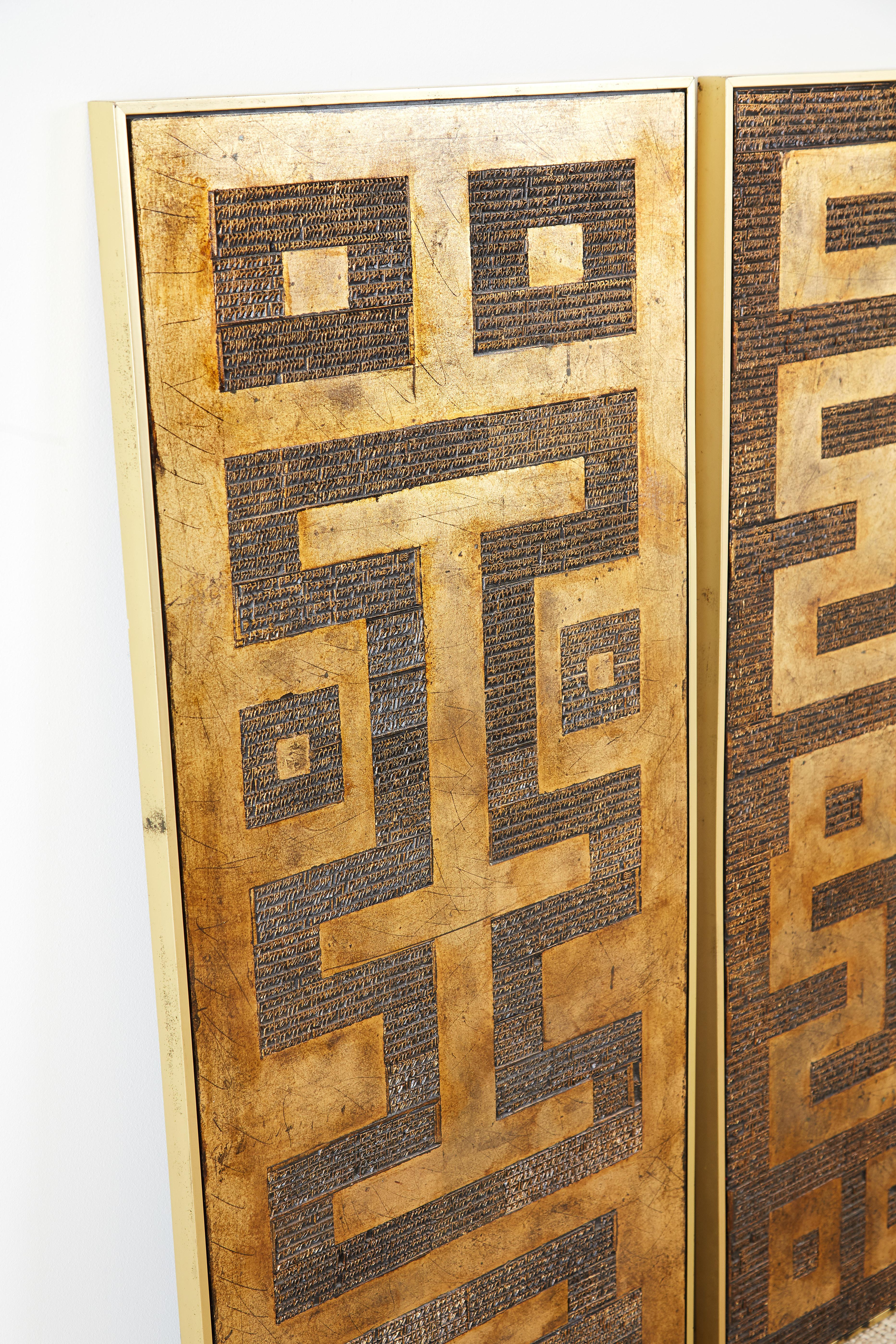 Pair of Midcentury Asian Style Geometric Gilt Panels In Good Condition In Rio Vista, CA