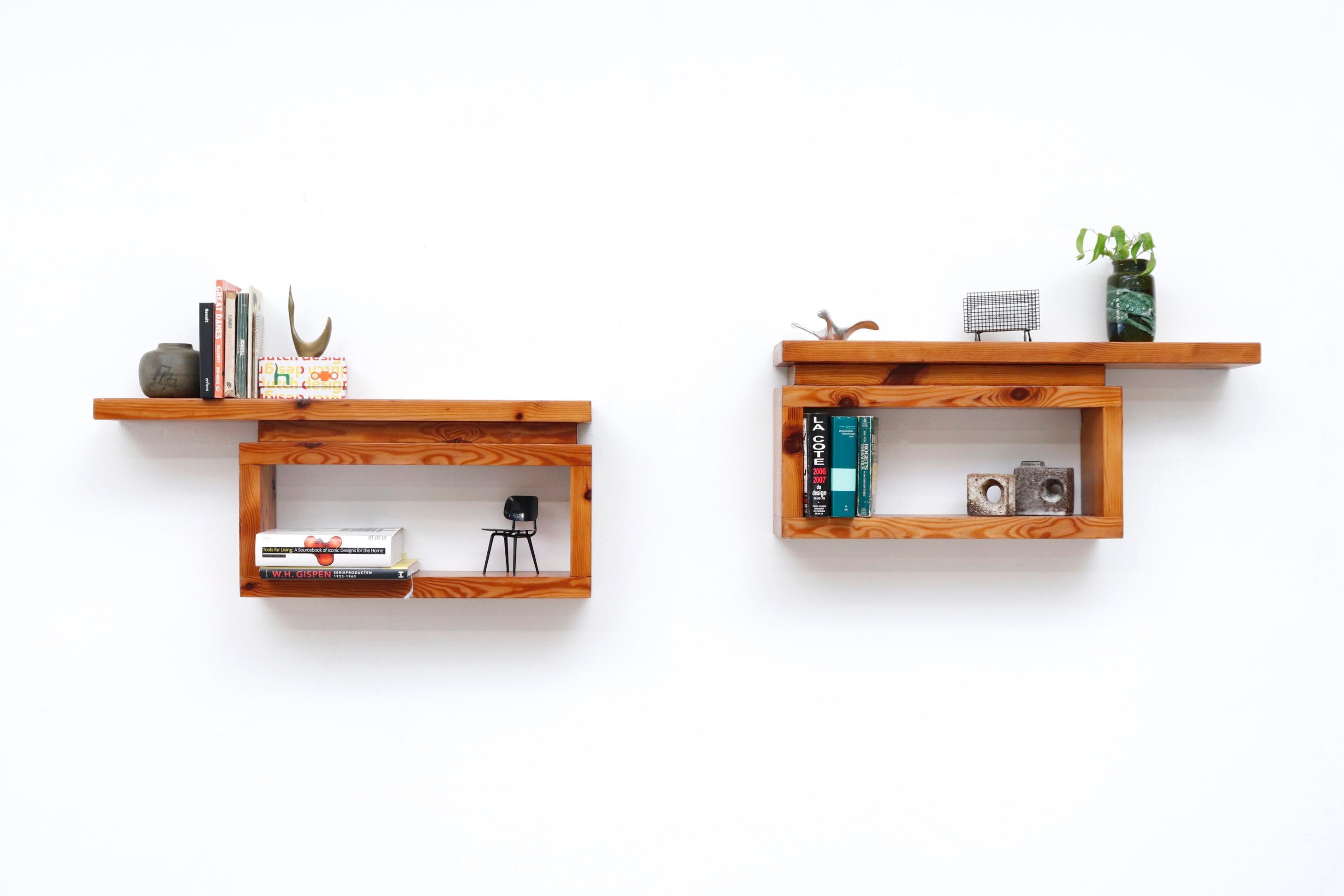Stunning pair of midcentury Ate Van Apeldoorn wall mounted pine shelves. The inner space is 7.5