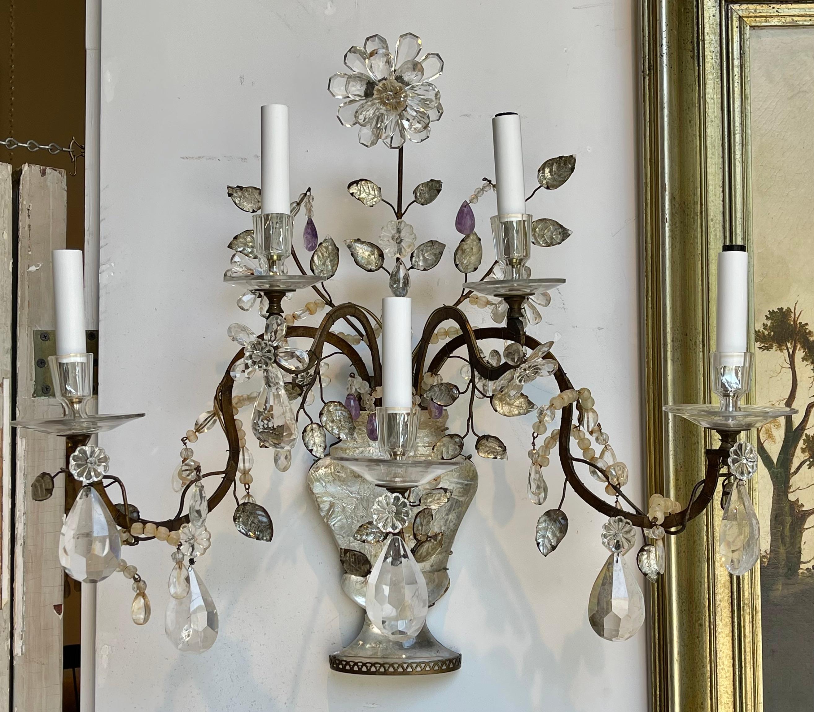 Mid-Century Modern Pair of Mid-Century Bagues Rock Crystal Wall Sconces For Sale