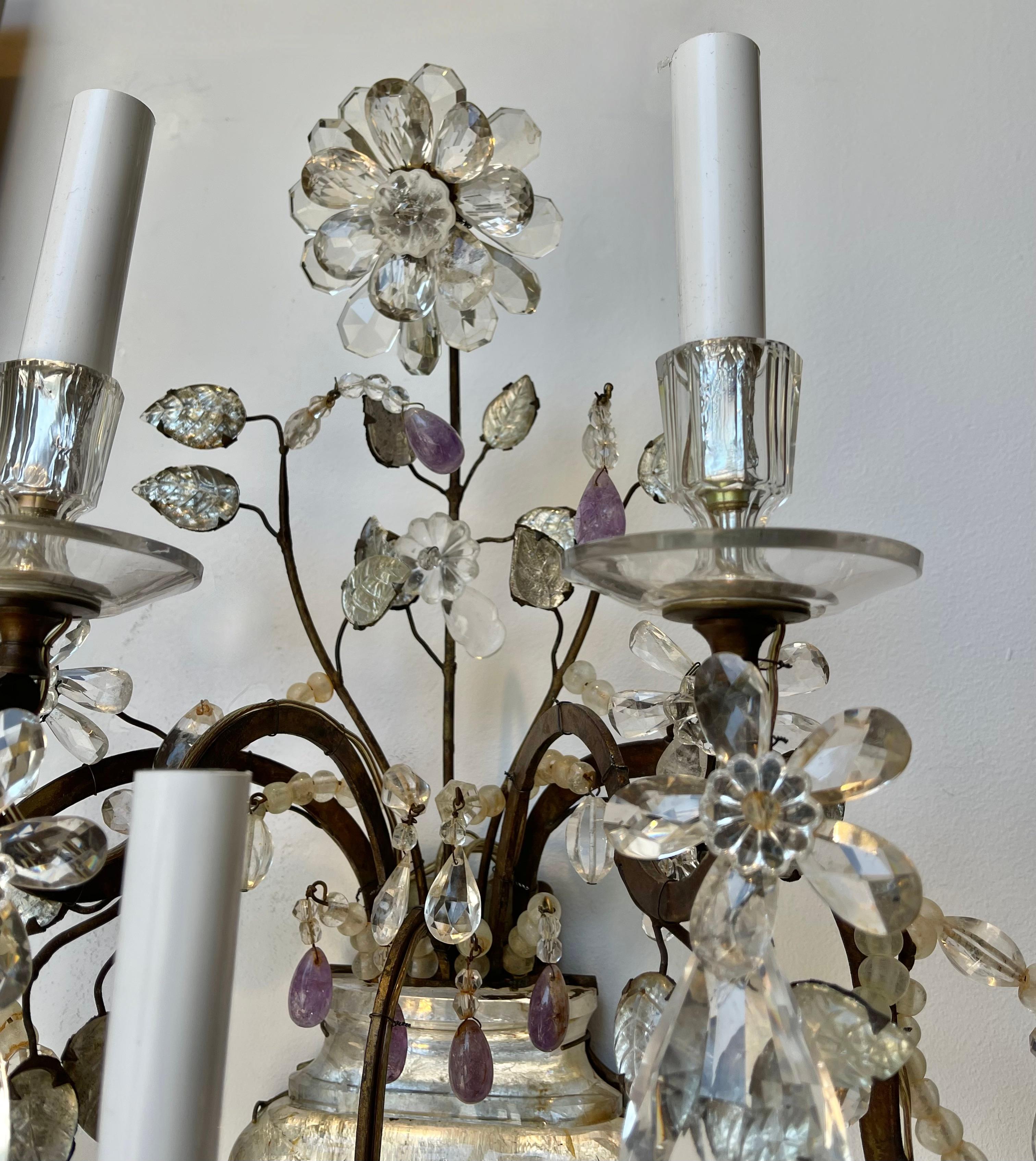 Pair of Mid-Century Bagues Rock Crystal Wall Sconces In Good Condition For Sale In Essex, MA
