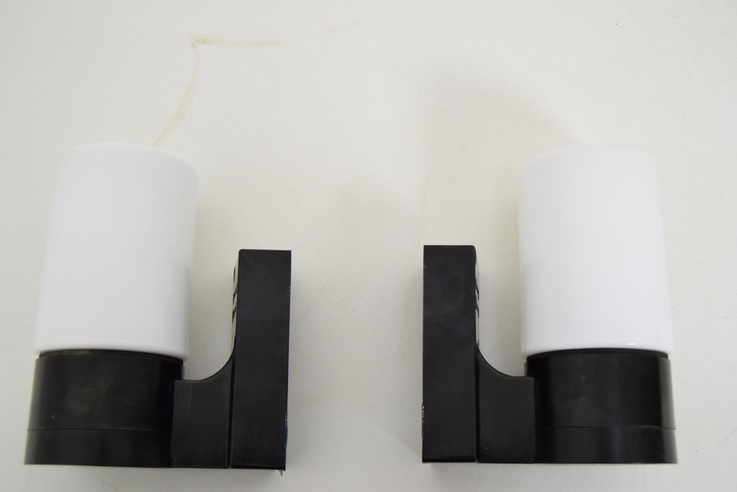 Milk Glass Pair of Midcentury Bakelite Wall Lamps, 1960s