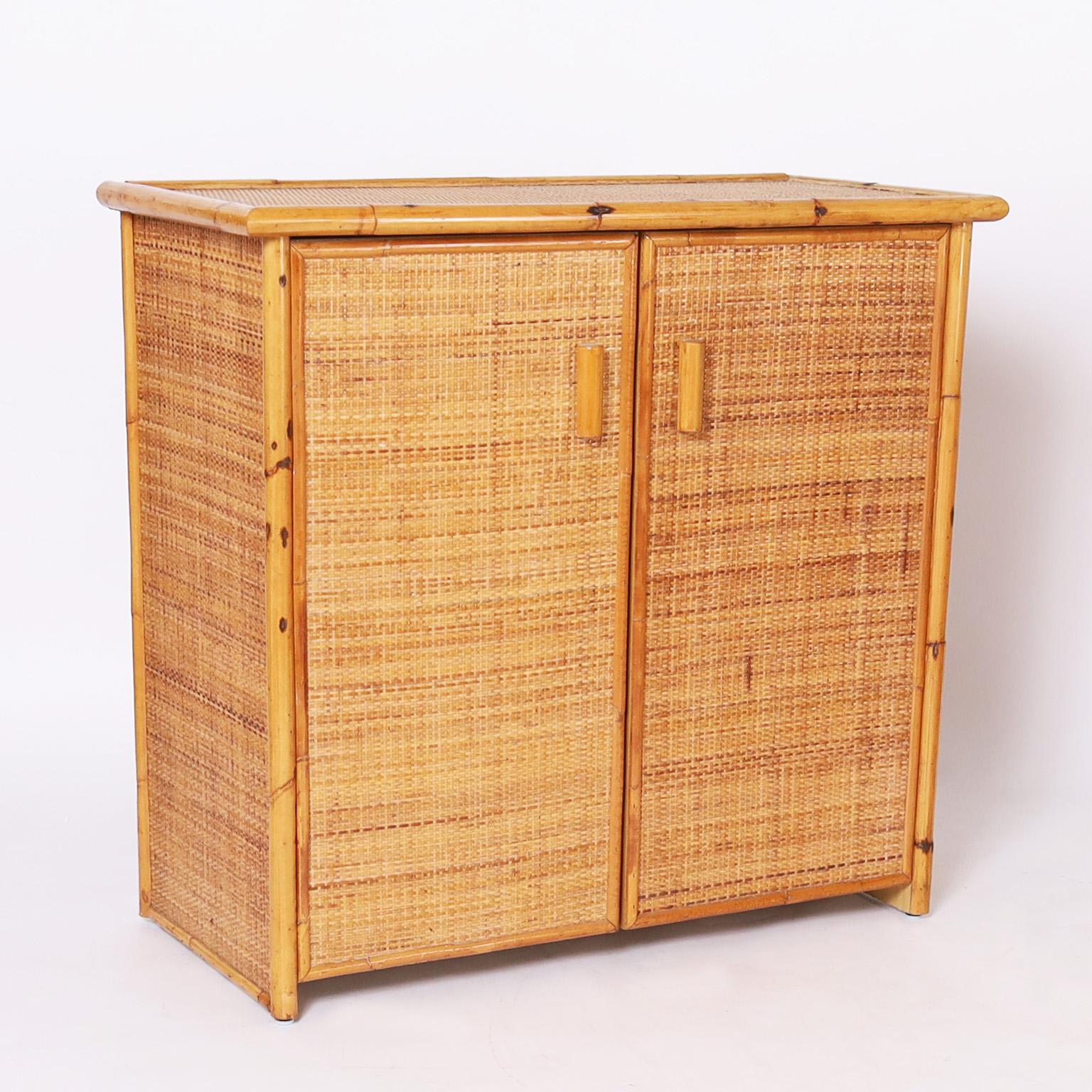 Mid-Century Modern Pair of Mid-Century Bamboo and Grasscloth Cabinets or Servers For Sale