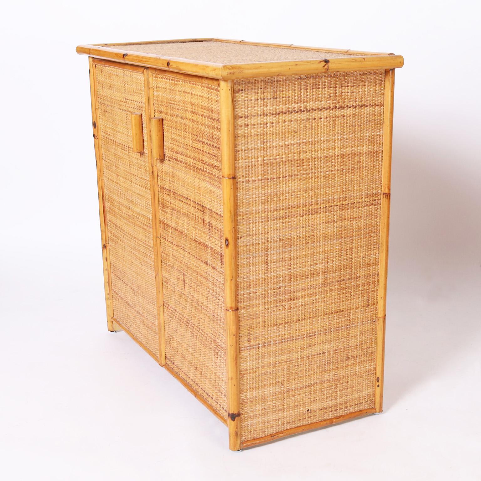 Italian Pair of Mid-Century Bamboo and Grasscloth Cabinets or Servers For Sale